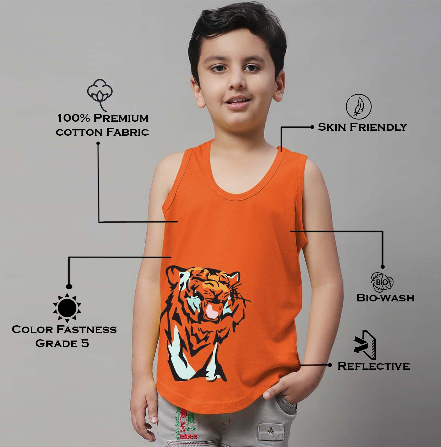 Boys Tiger Printed Regular Fit Vest - Friskers