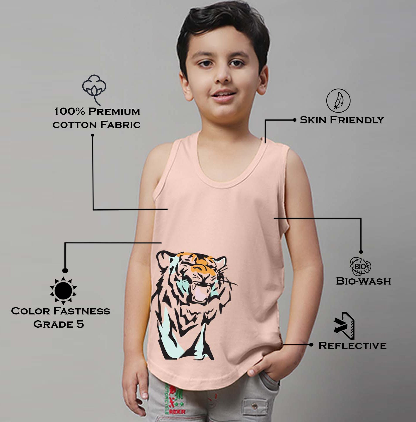 Boys Tiger Printed Regular Fit Vest - Friskers