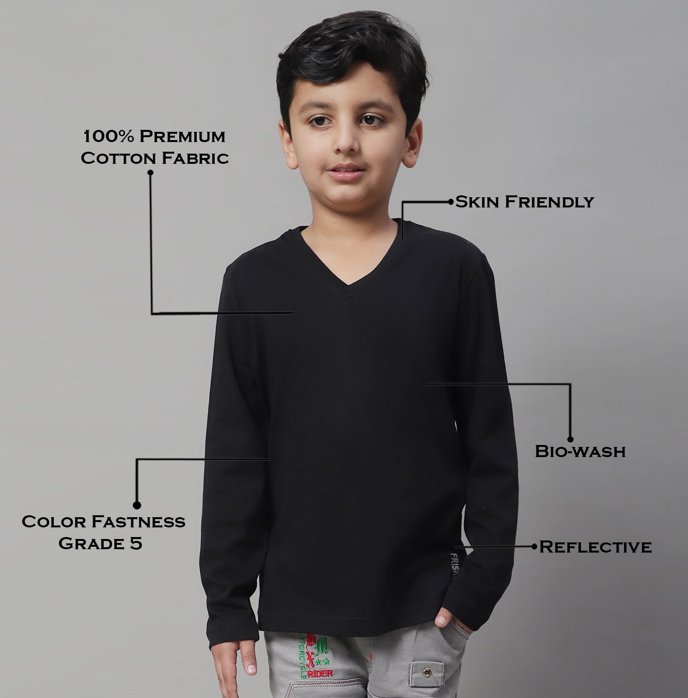 Classic Full Sleeves V-Neck Solid 7-12Y Kids T-Shirt - Friskers