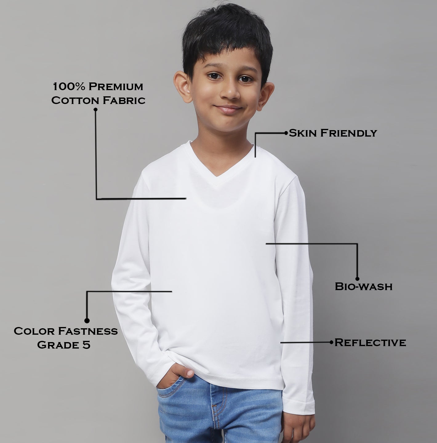 Classic Full Sleeves V-Neck Solid 2-7Y Kids T-Shirt - Friskers
