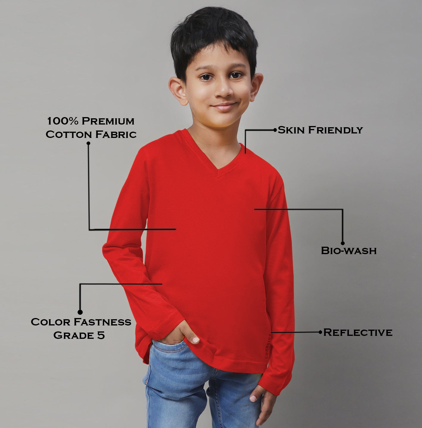 Classic Full Sleeves V-Neck Solid 7-12Y Kids T-Shirt - Friskers