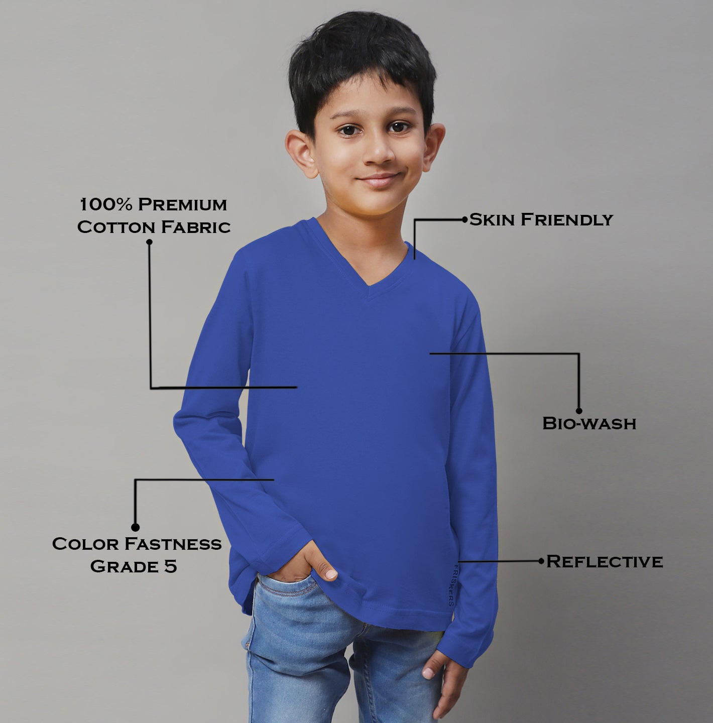Classic Full Sleeves V-Neck Solid 7-12Y Kids T-Shirt - Friskers