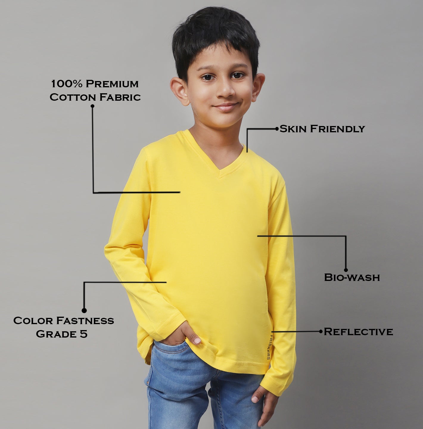 Classic Full Sleeves V-Neck Solid 2-7Y Kids T-Shirt - Friskers