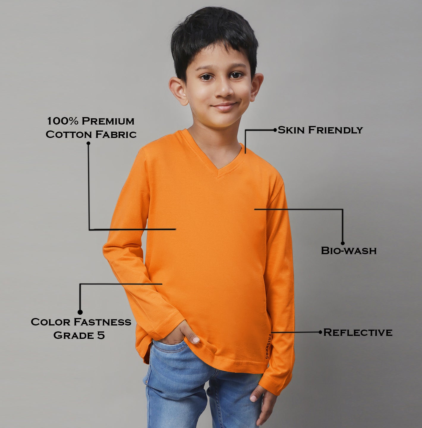 Classic Full Sleeves V-Neck Solid 2-7Y Kids T-Shirt - Friskers