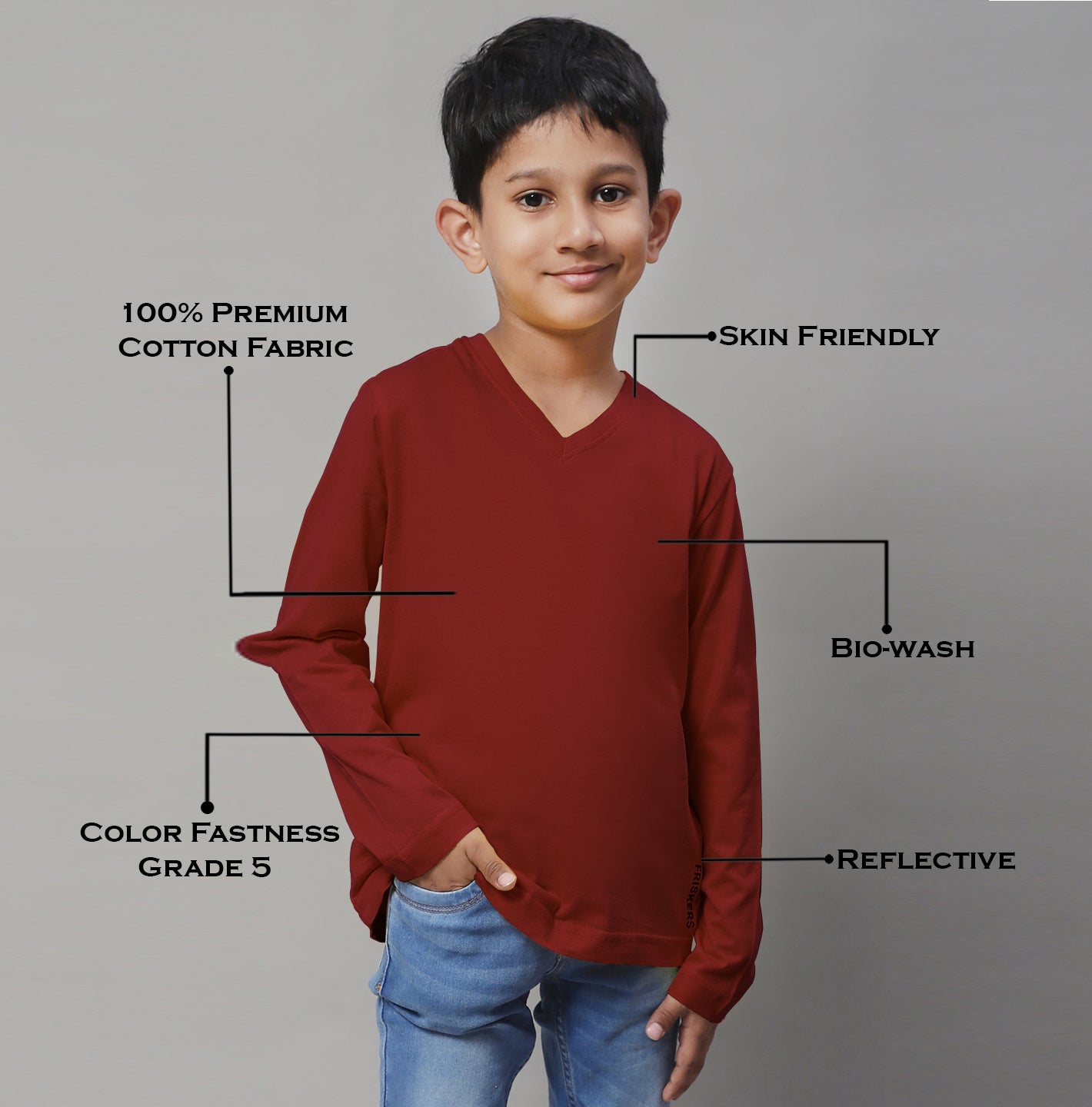 Classic Full Sleeves V-Neck Solid 2-7Y Kids T-Shirt - Friskers