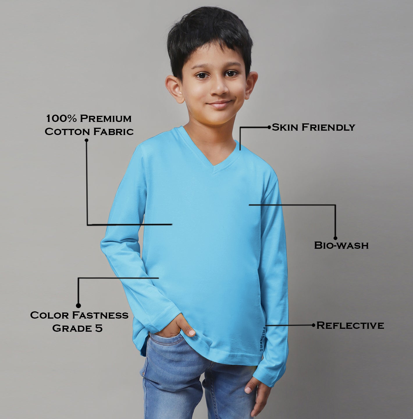 Classic Full Sleeves V-Neck Solid 7-12Y Kids T-Shirt - Friskers