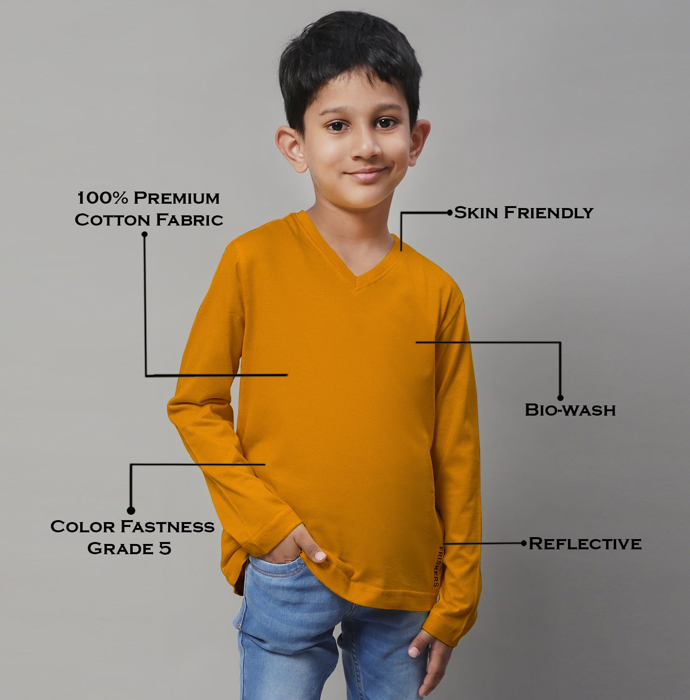 Classic Full Sleeves V-Neck Solid 2-7Y Kids T-Shirt - Friskers