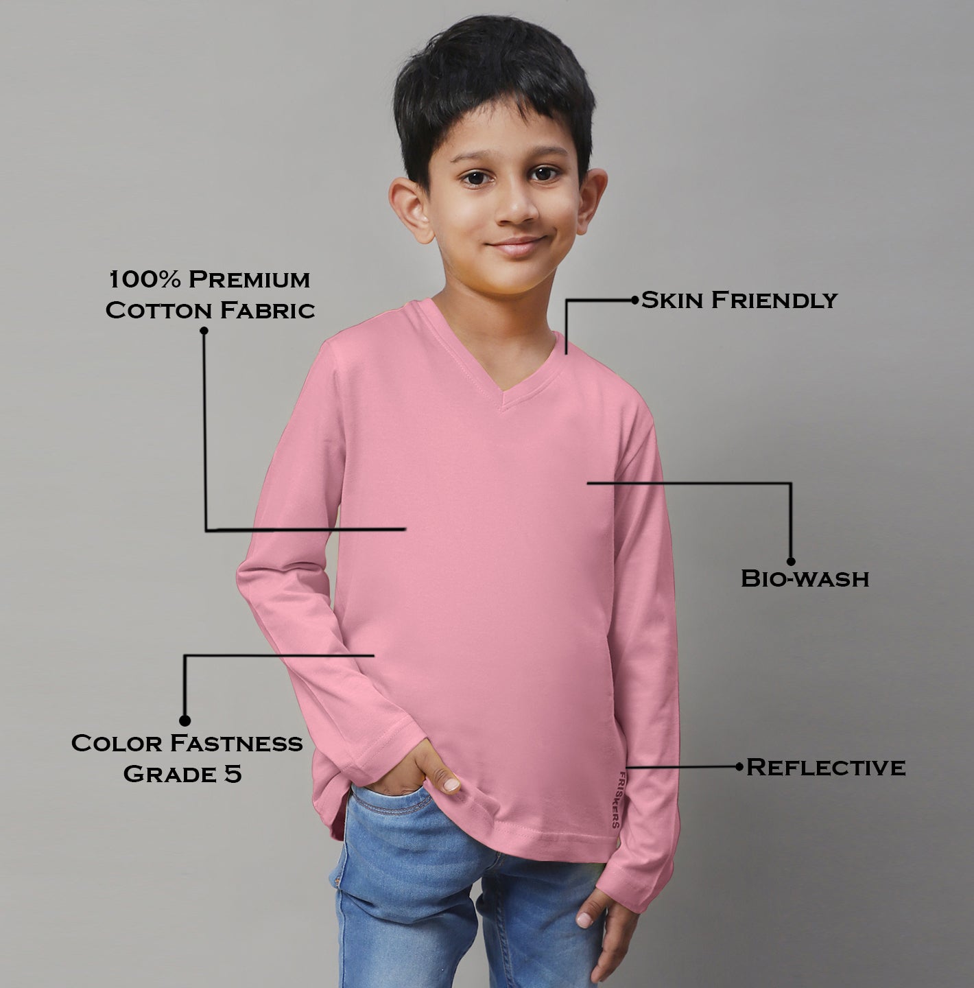 Classic Full Sleeves V-Neck Solid 7-12Y Kids T-Shirt - Friskers