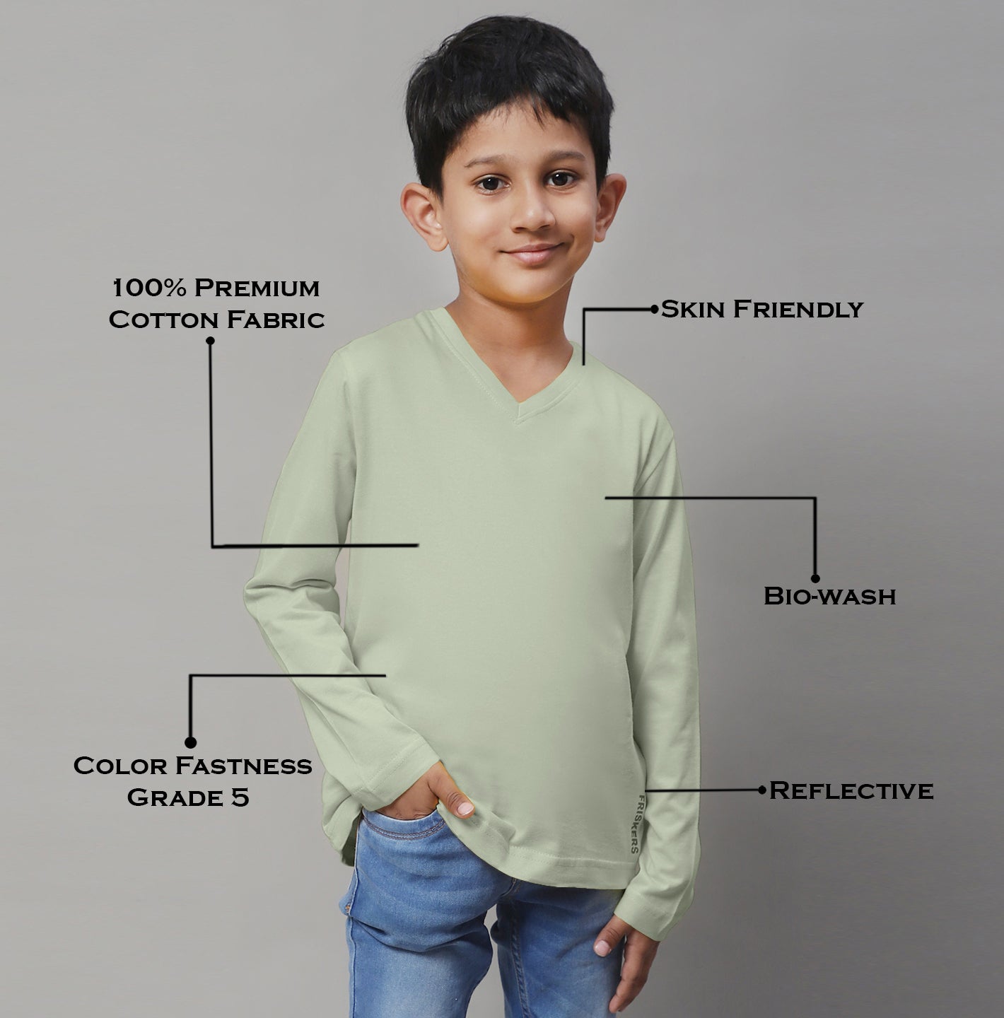 Classic Full Sleeves V-Neck Solid 2-7Y Kids T-Shirt - Friskers