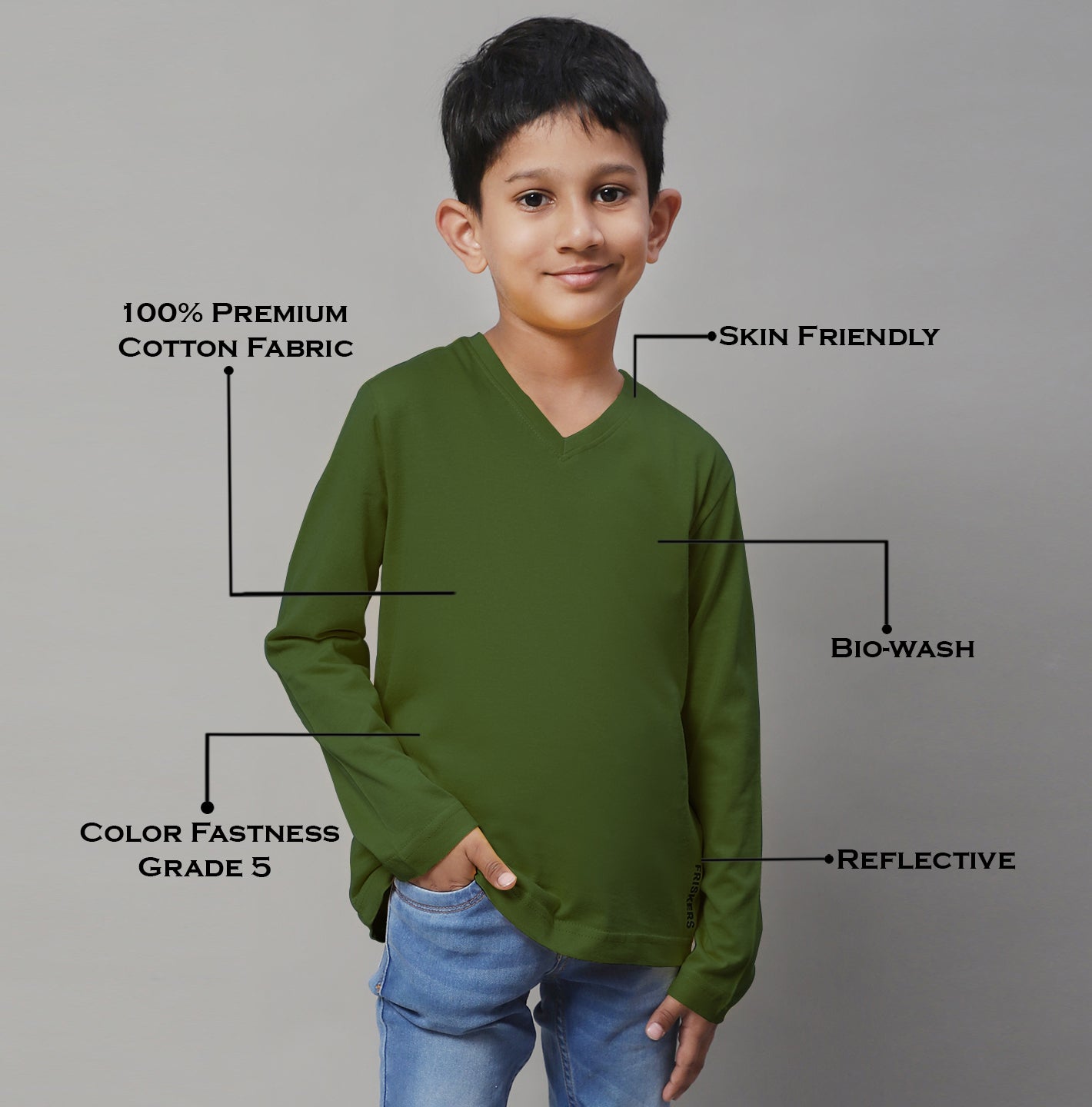 Classic Full Sleeves V-Neck Solid 7-12Y Kids T-Shirt - Friskers