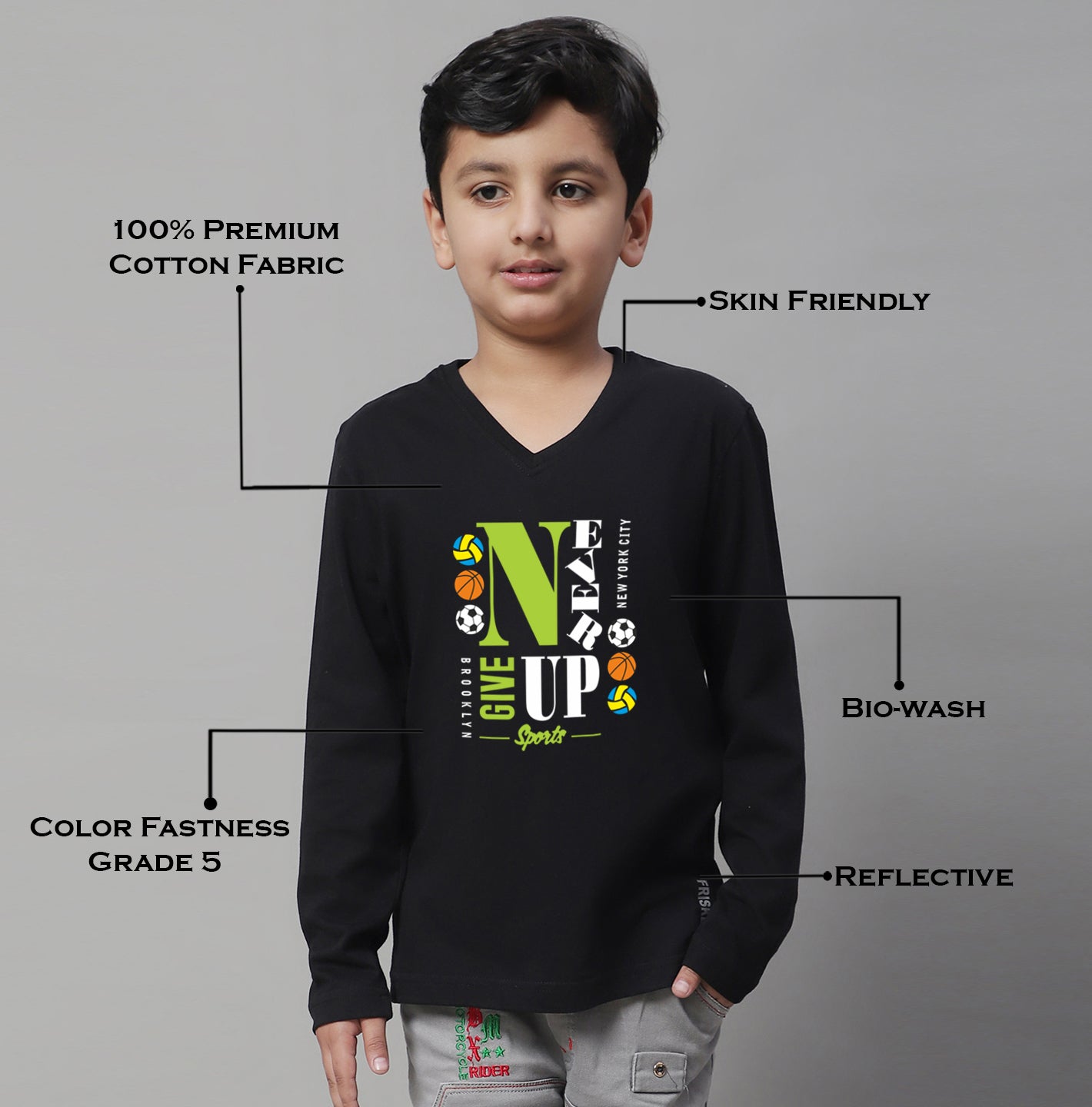 Boys Never Giveup Full Sleeves Printed T-Shirt - Friskers