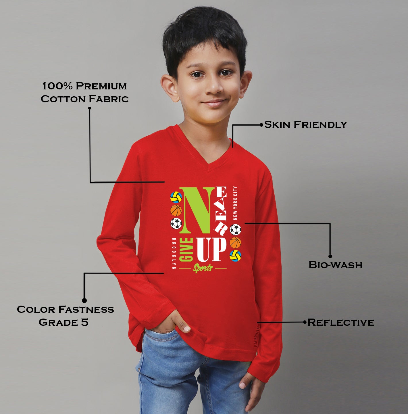 Boys Never Giveup Full Sleeves Printed T-Shirt - Friskers