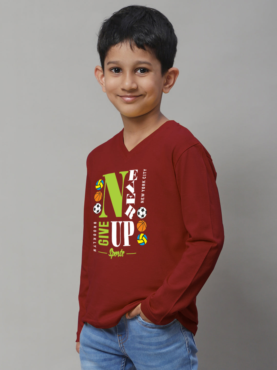 Boys Never Giveup Full Sleeves Printed T-Shirt - Friskers