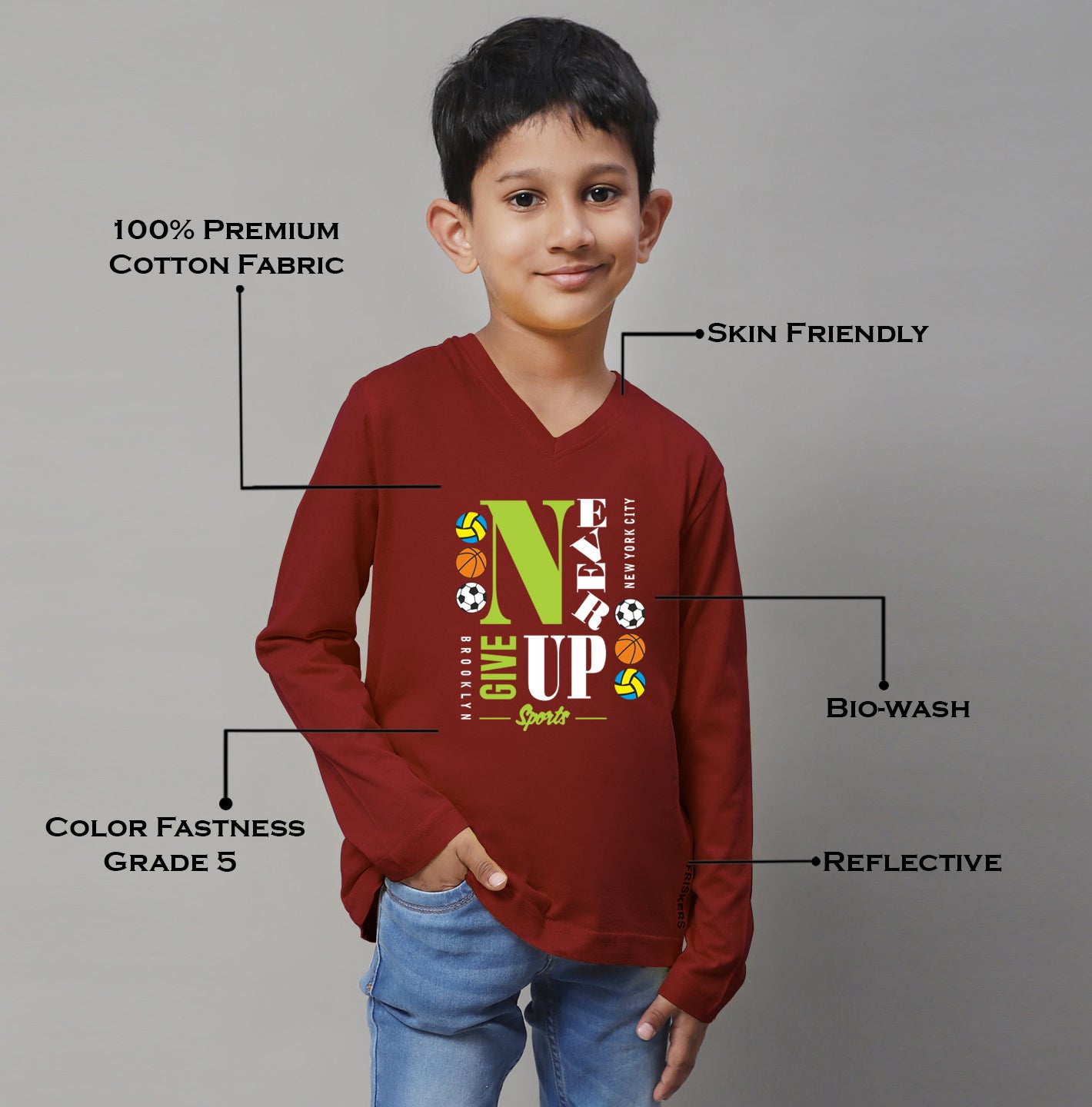 Boys Never Giveup Full Sleeves Printed T-Shirt - Friskers