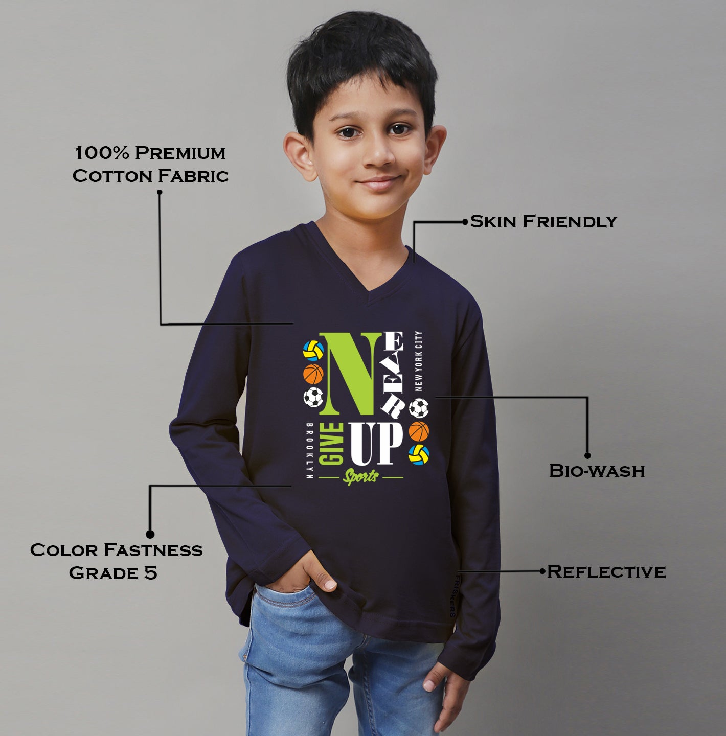 Boys Never Giveup Full Sleeves Printed T-Shirt - Friskers
