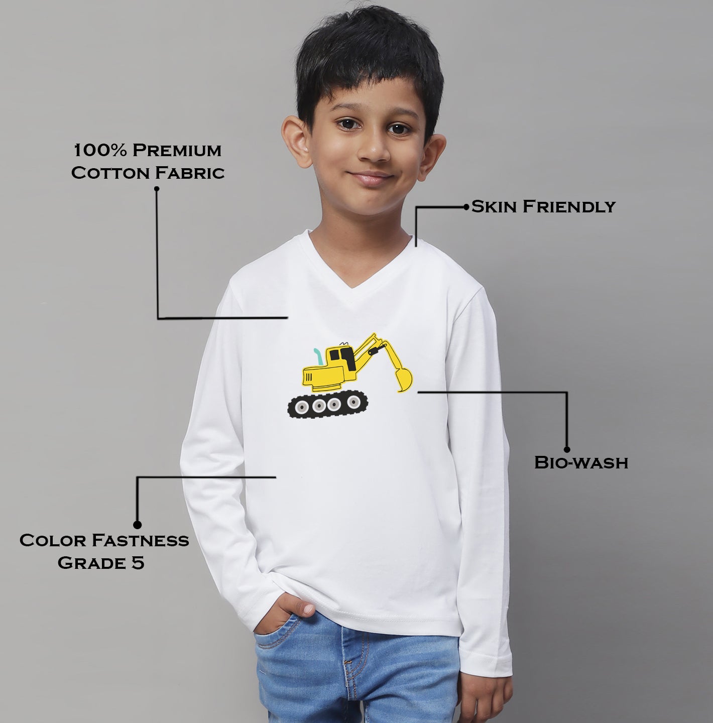 Boys Excavator Full Sleeves Printed T-Shirt - Friskers