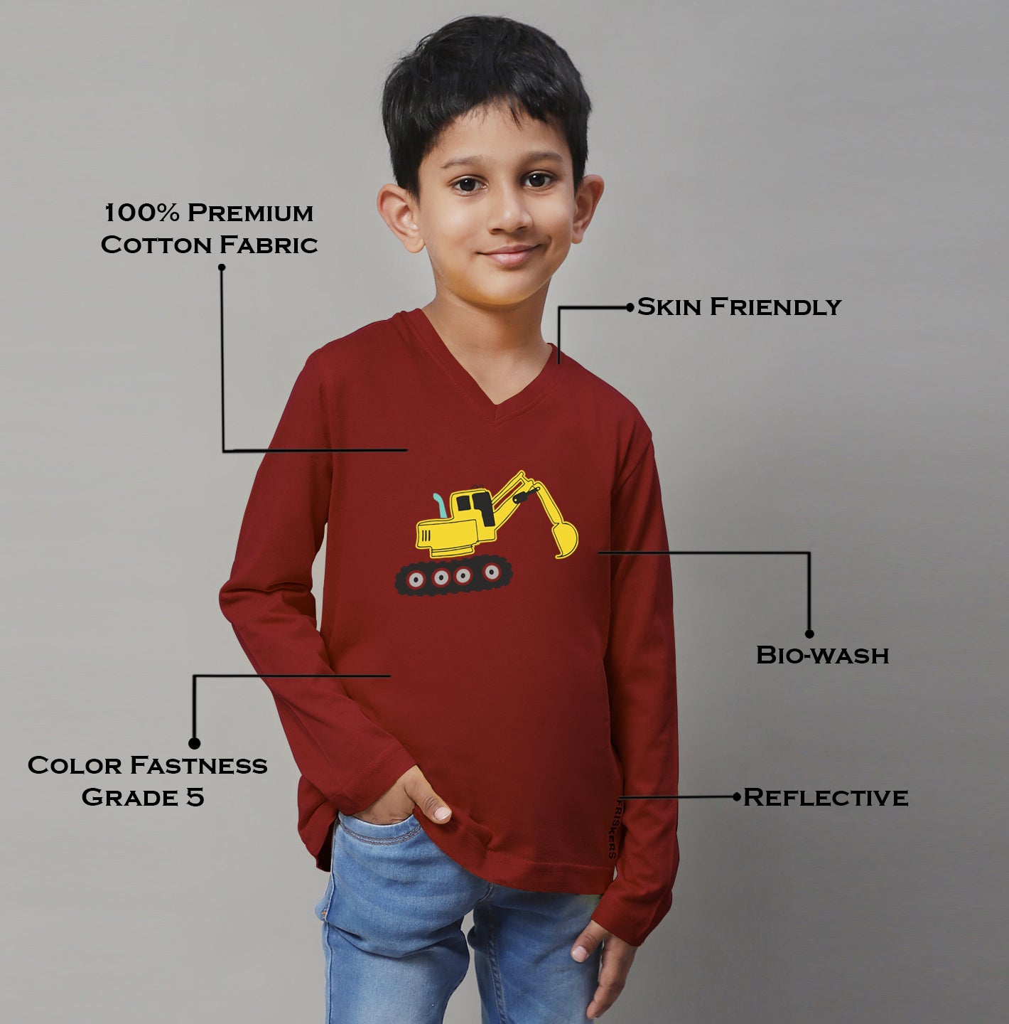 Boys Excavator Full Sleeves Printed T-Shirt - Friskers