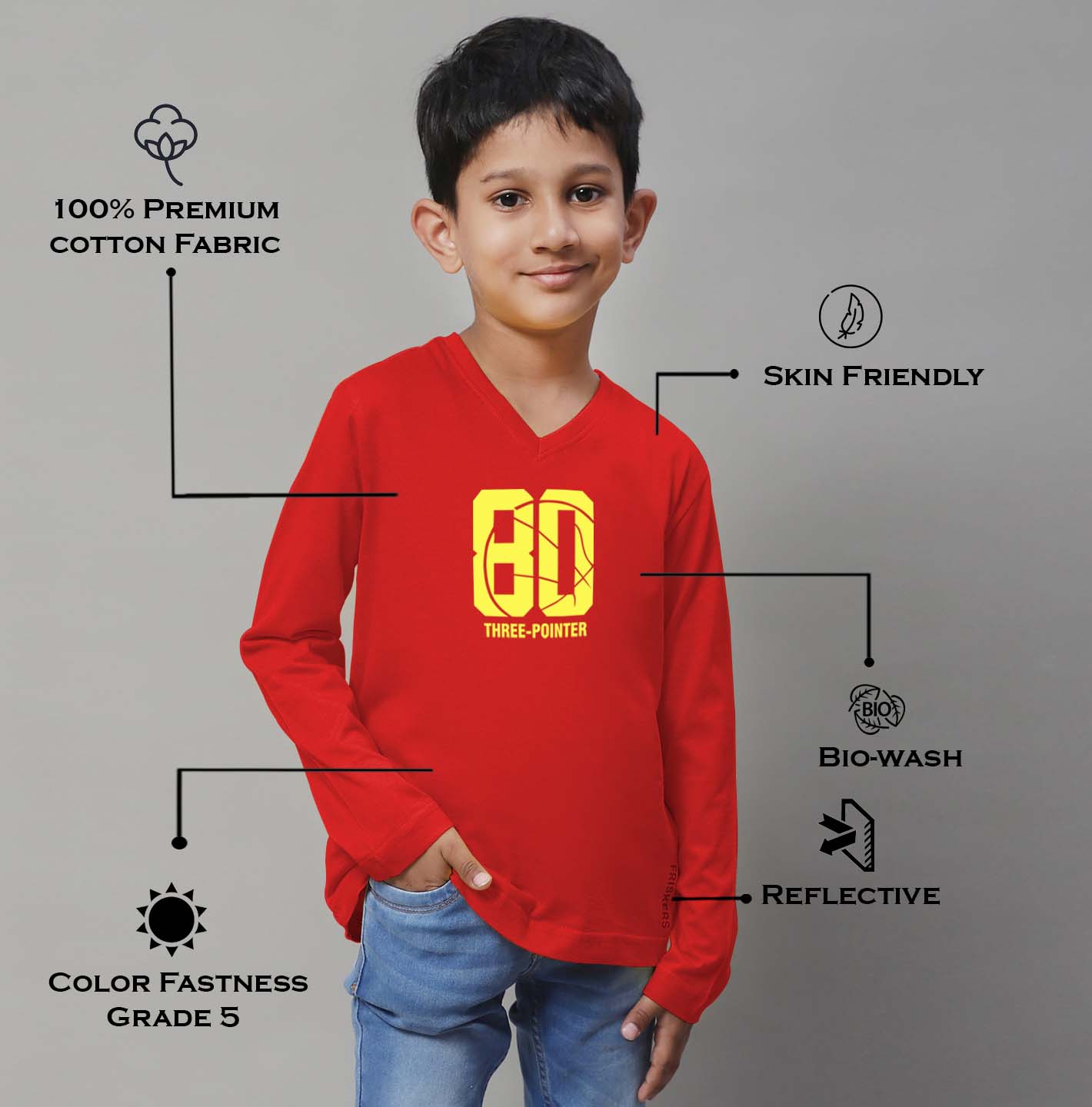 Boys Three Pointer Full Sleeves Printed T-Shirt - Friskers