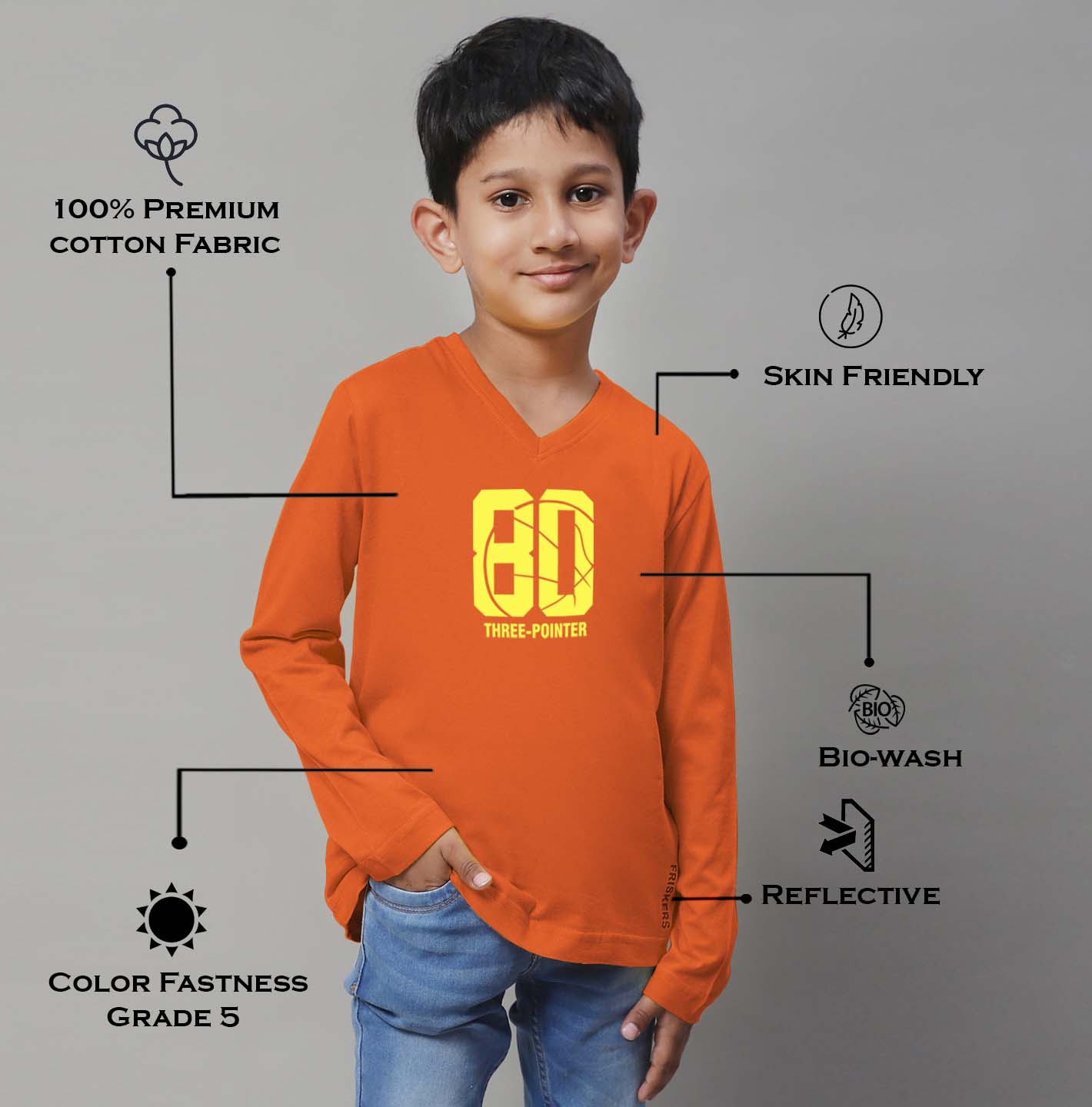 Boys Three Pointer Full Sleeves Printed T-Shirt - Friskers