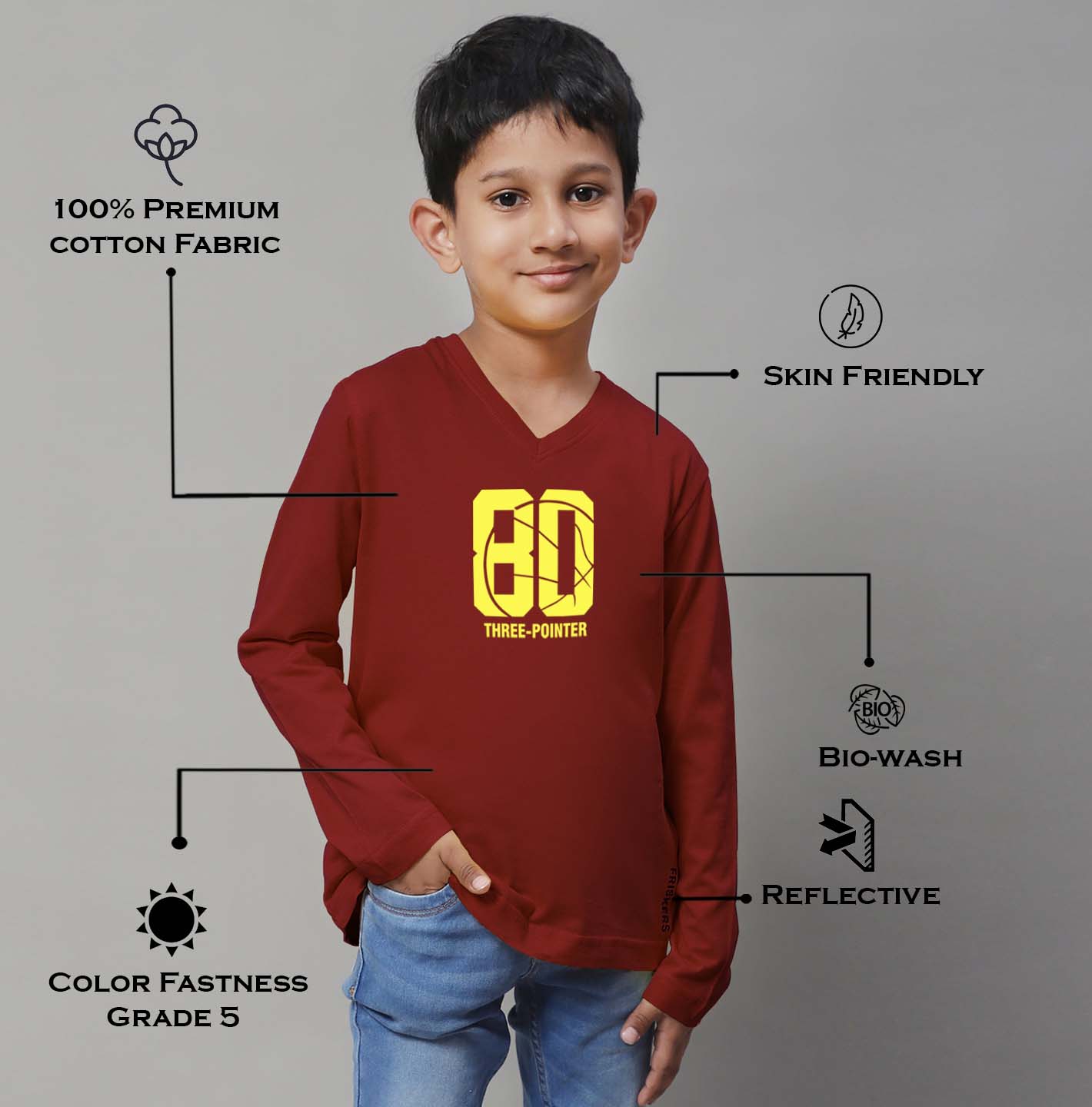 Boys Three Pointer Full Sleeves Printed T-Shirt - Friskers