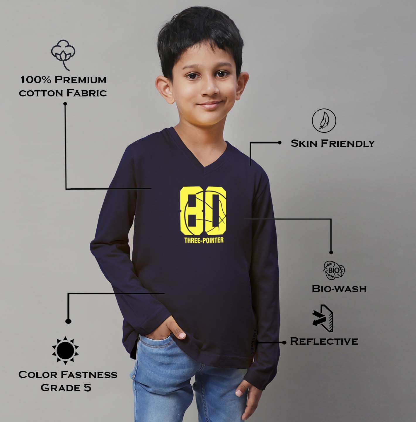Boys Three Pointer Full Sleeves Printed T-Shirt - Friskers