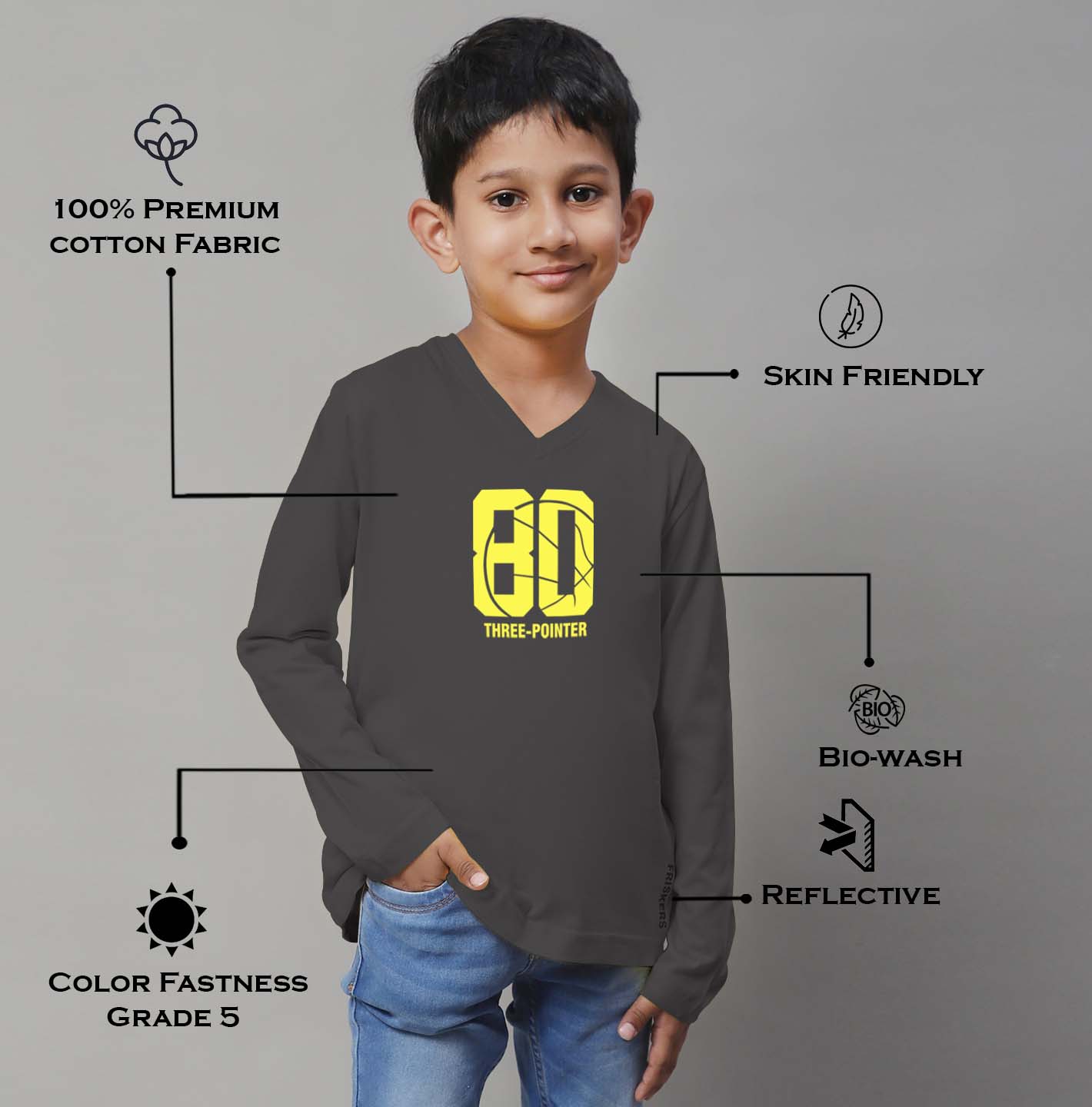 Boys Three Pointer Full Sleeves Printed T-Shirt - Friskers