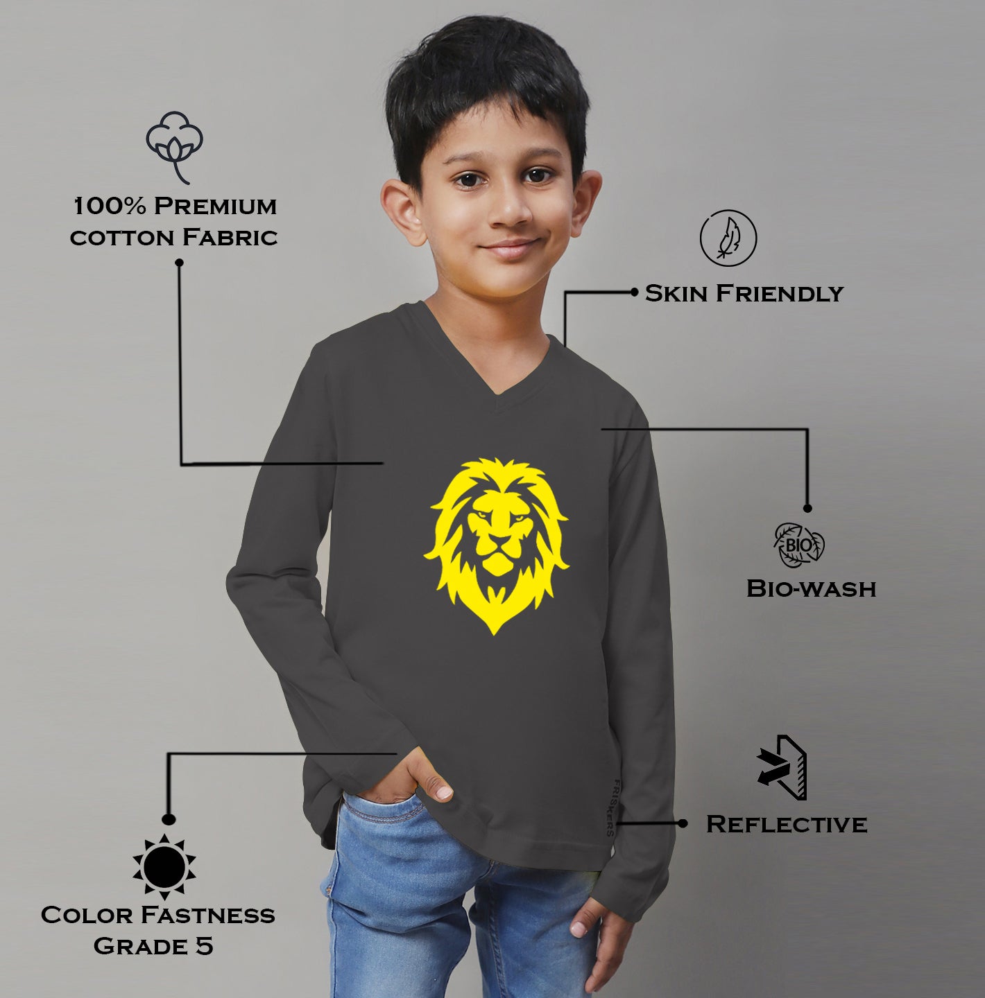 Boys Lion Full Sleeves Printed T-Shirt - Friskers