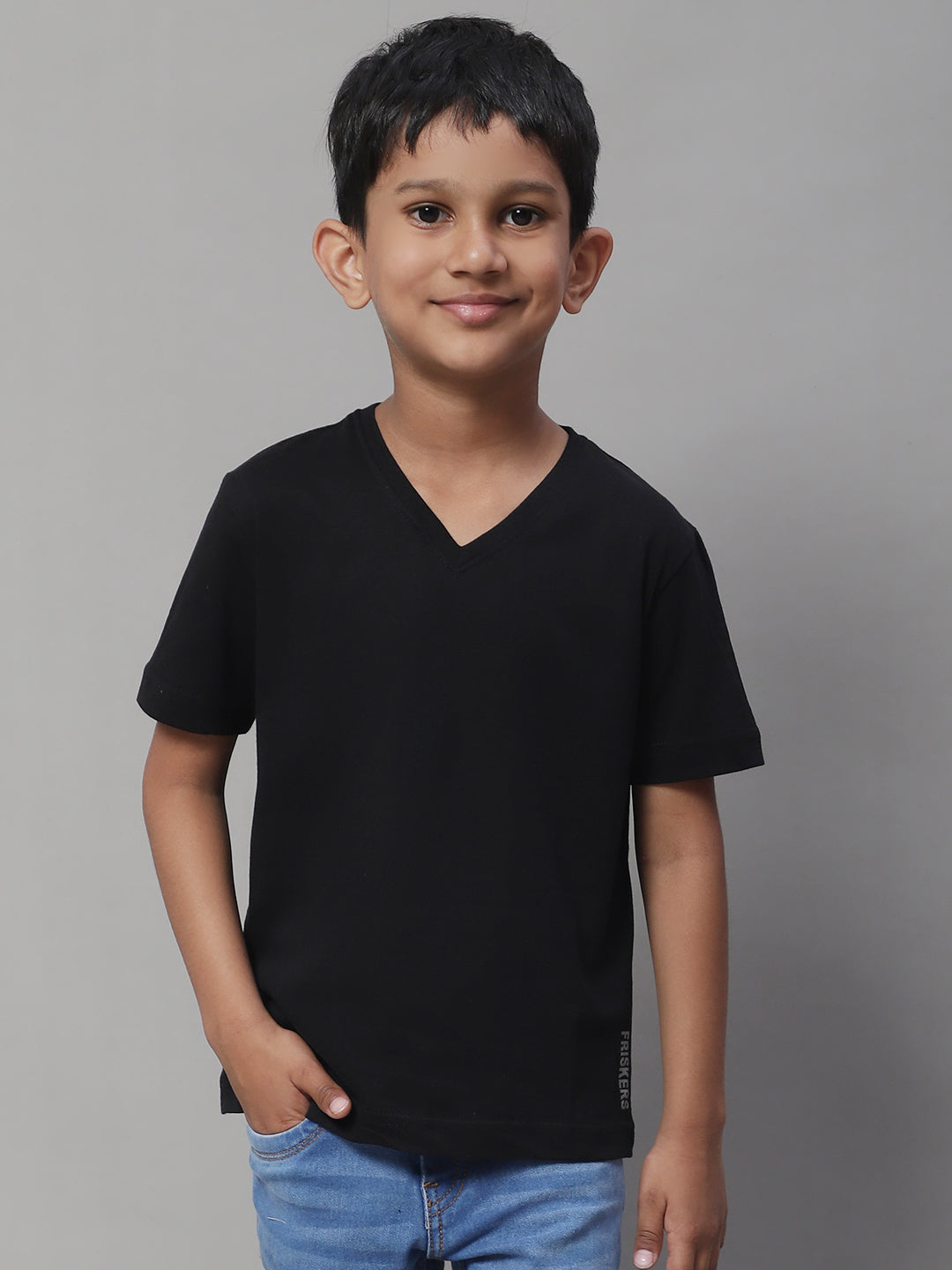 Boys V Neck Solid Pure Cotton 2-7Y T-Shirt - Friskers