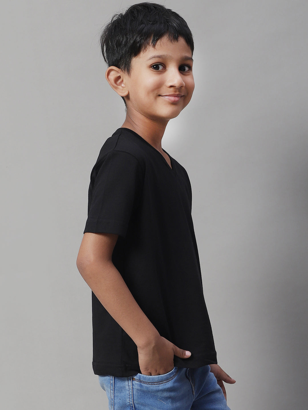 Boys V Neck Solid Pure Cotton 2-7Y T-Shirt - Friskers