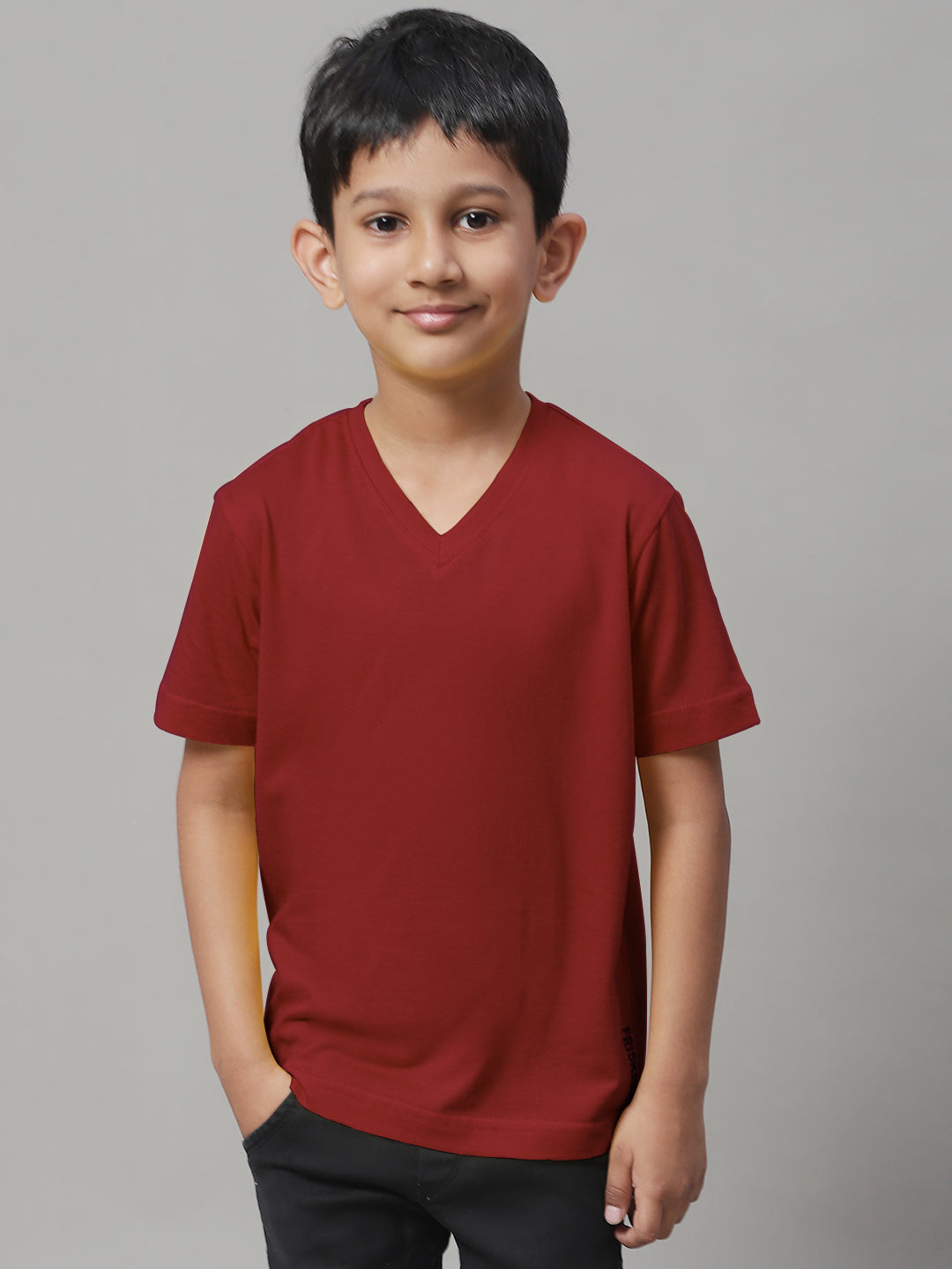 Boys V Neck Solid Pure Cotton 2-7Y T-Shirt - Friskers