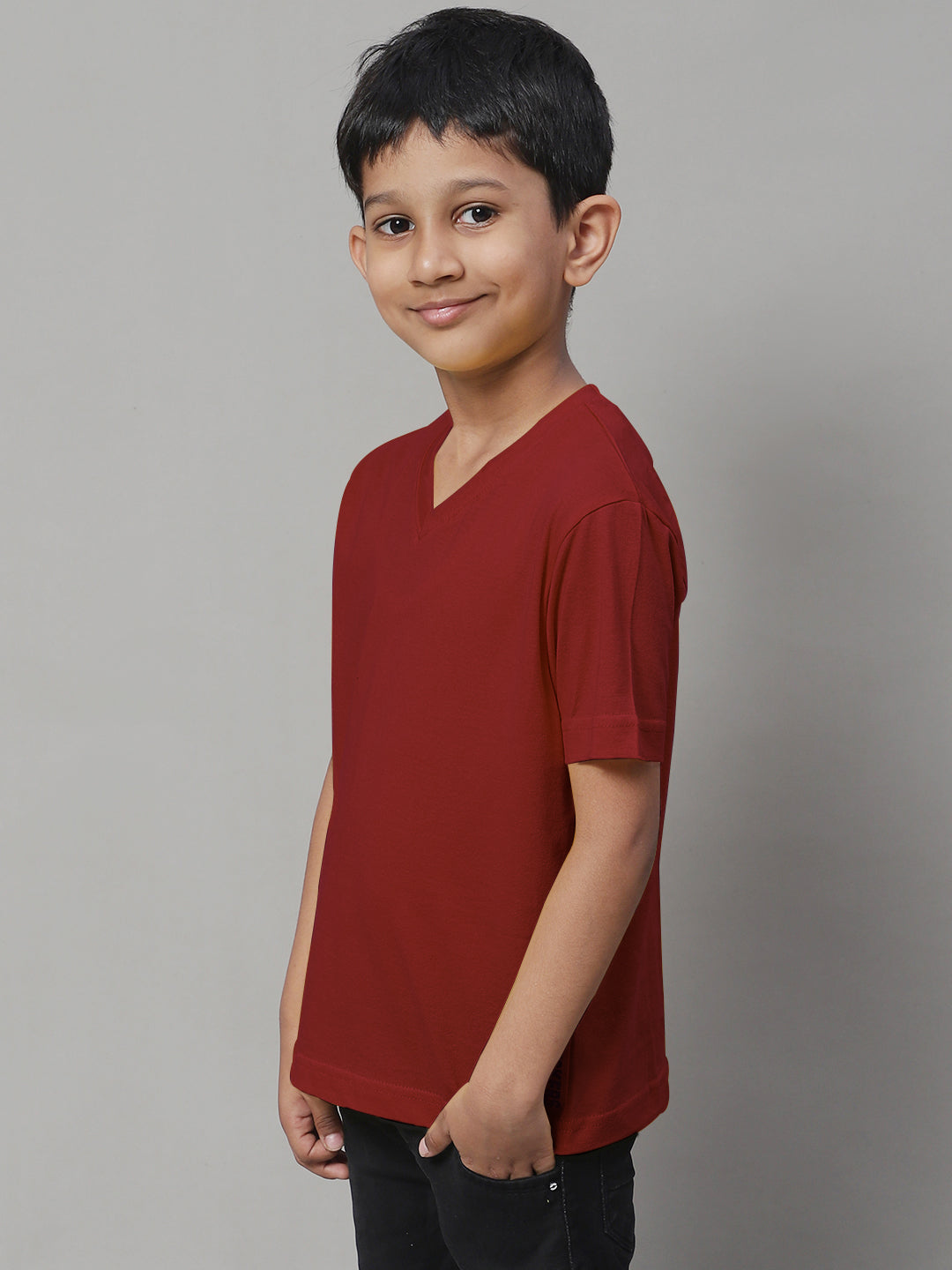 Boys V Neck Solid Pure Cotton 7-8Y T-Shirt - Friskers