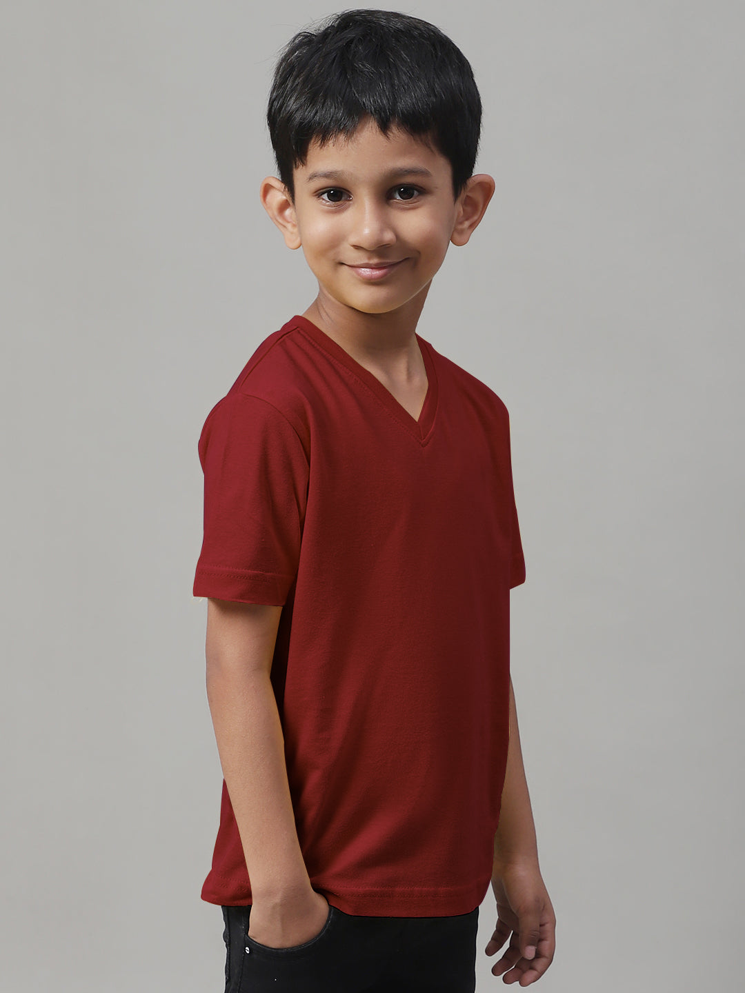 Boys V Neck Solid Pure Cotton 7-8Y T-Shirt - Friskers