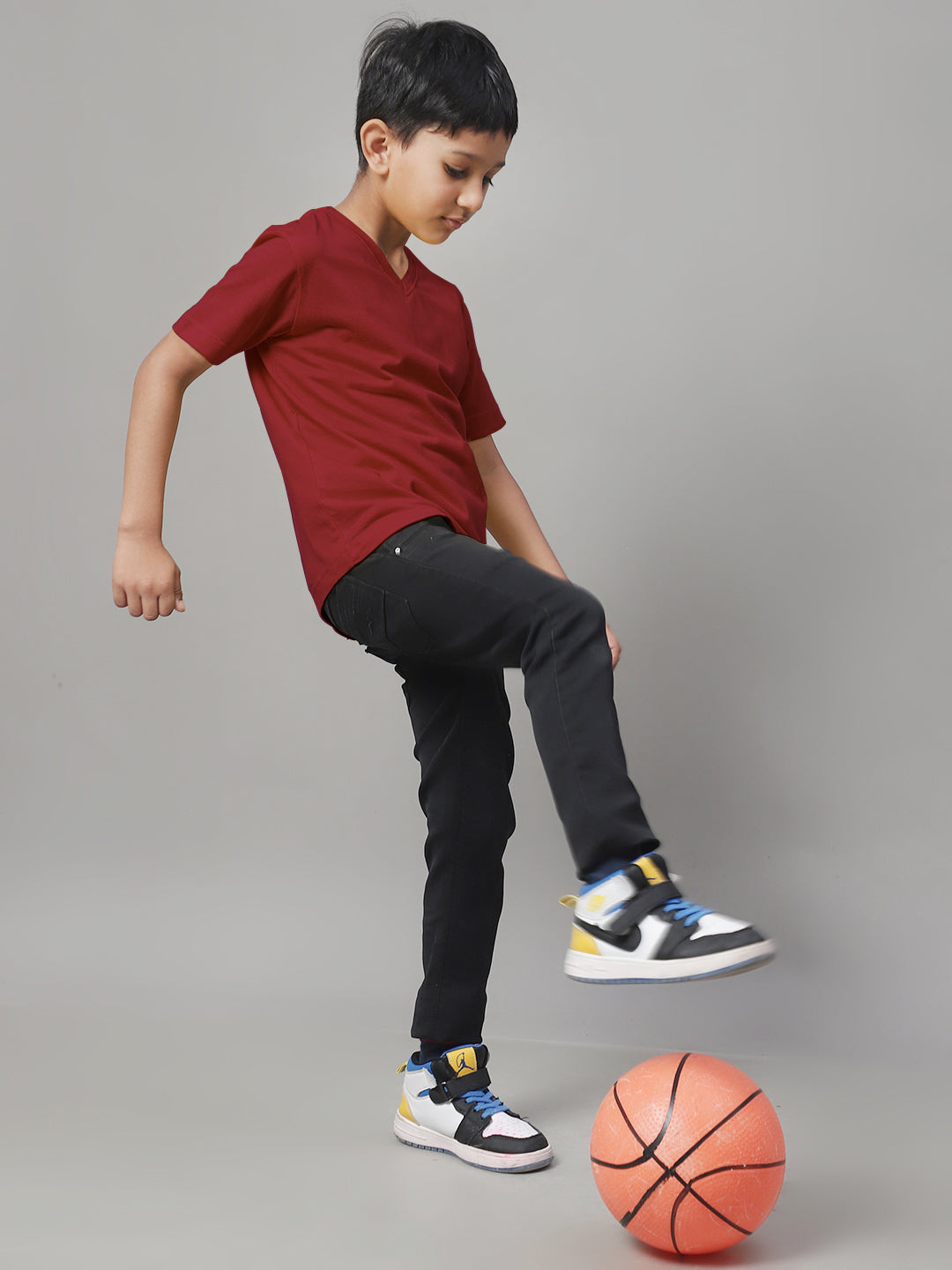 Boys V Neck Solid Pure Cotton 7-8Y T-Shirt - Friskers