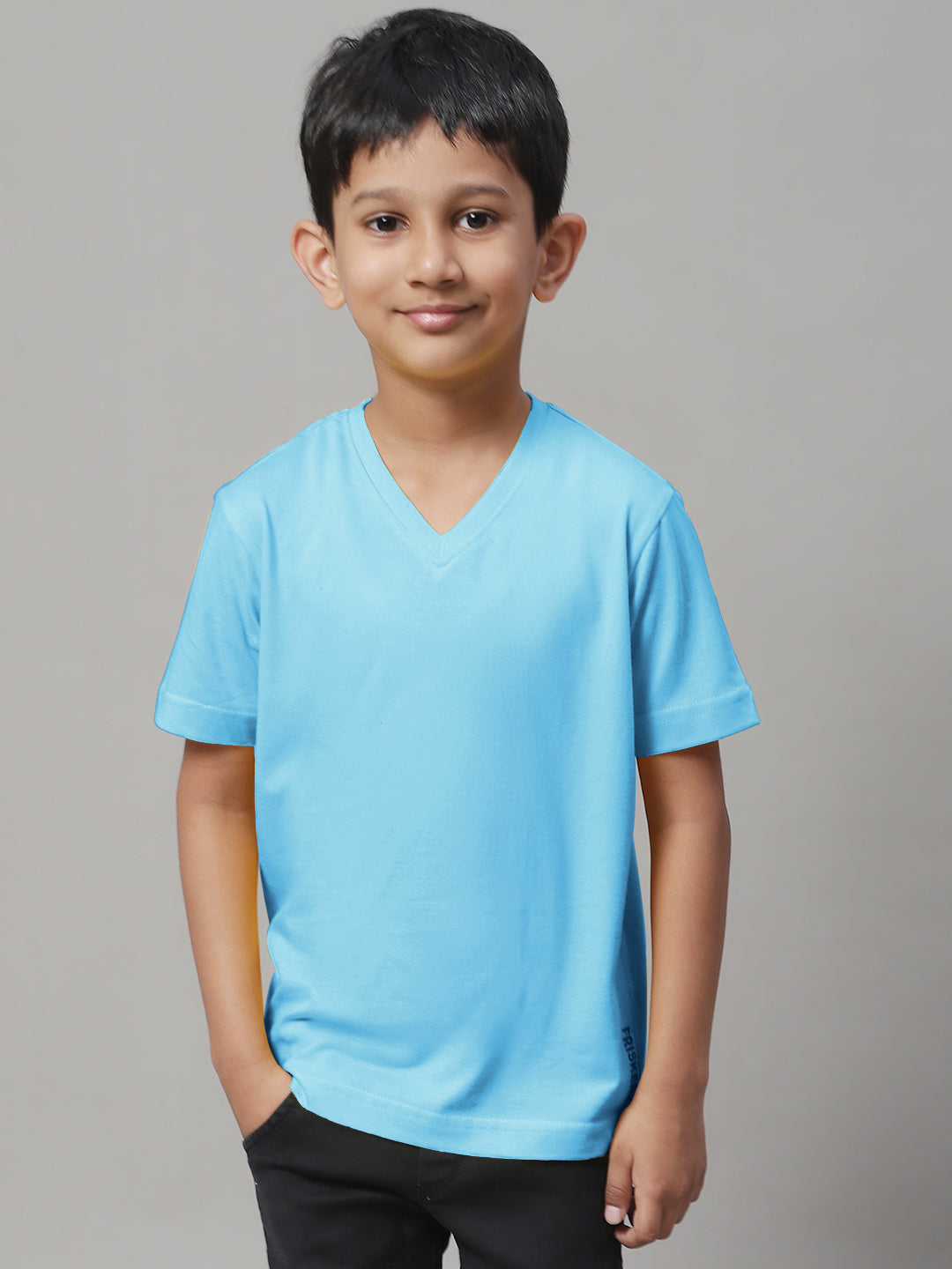 Boys V Neck Solid Pure Cotton 7-8Y T-Shirt - Friskers