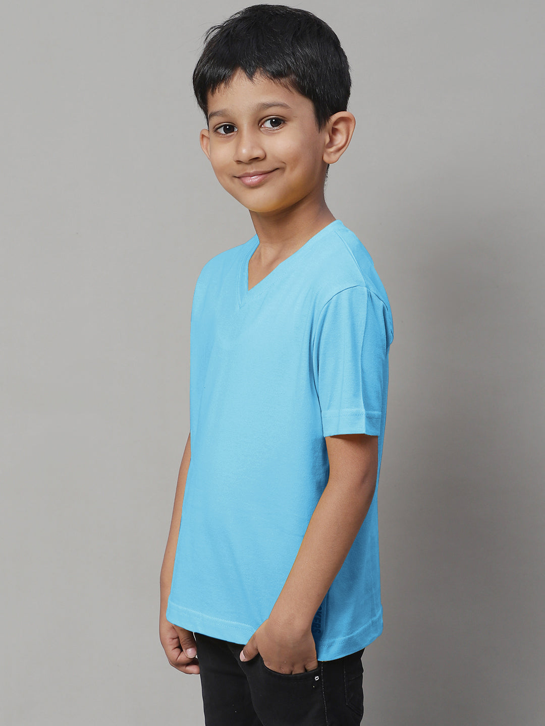 Boys V Neck Solid Pure Cotton 7-8Y T-Shirt - Friskers