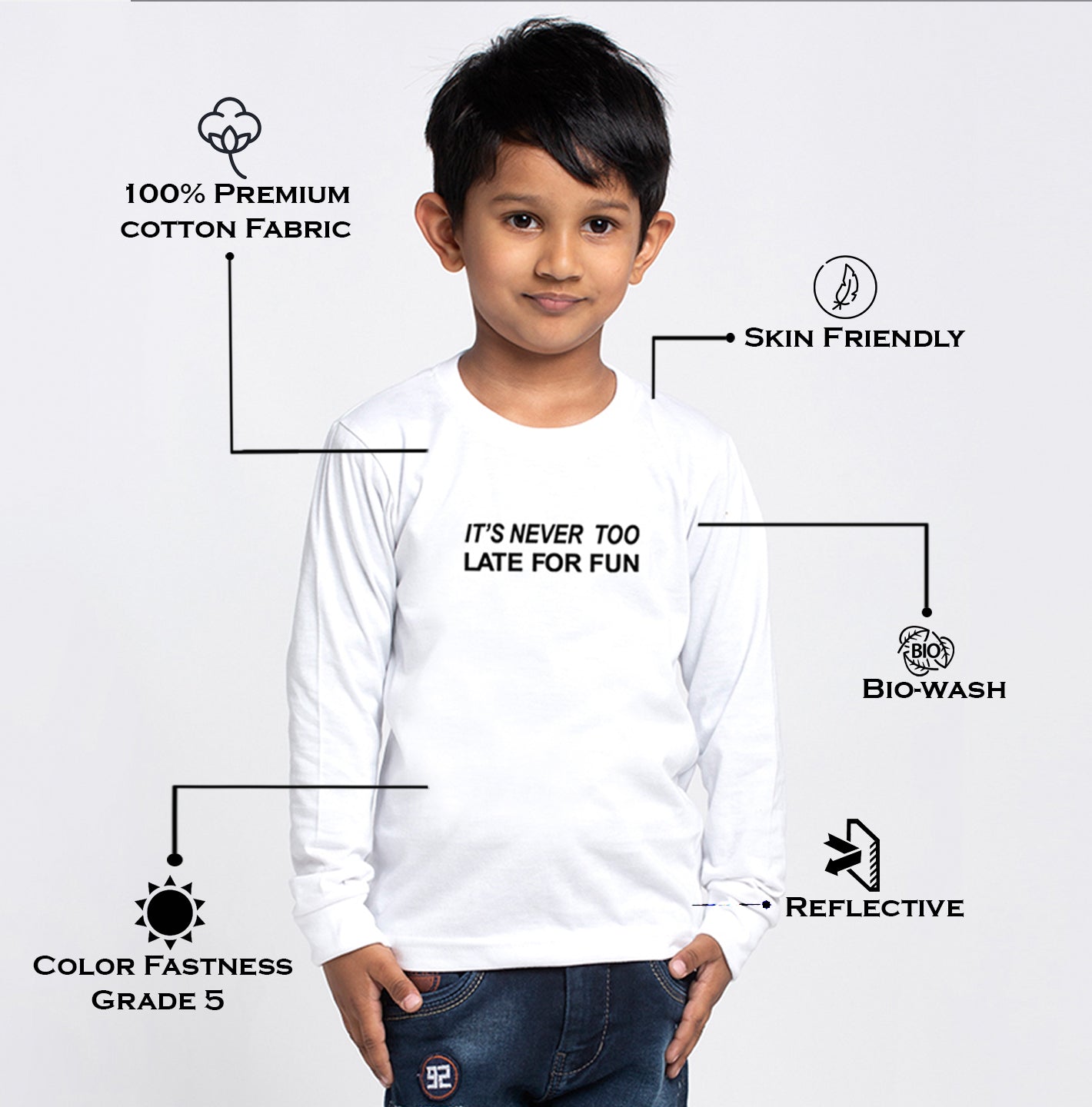 Kids Its Never Too Late For Fun printed full sleeves t-shirt - Friskers