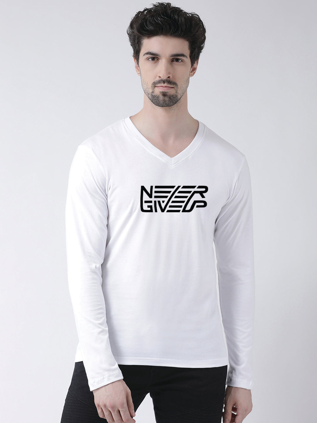 Men's Never Giveup Pure Cotton Regular Fit V Neck T-Shirt - Friskers