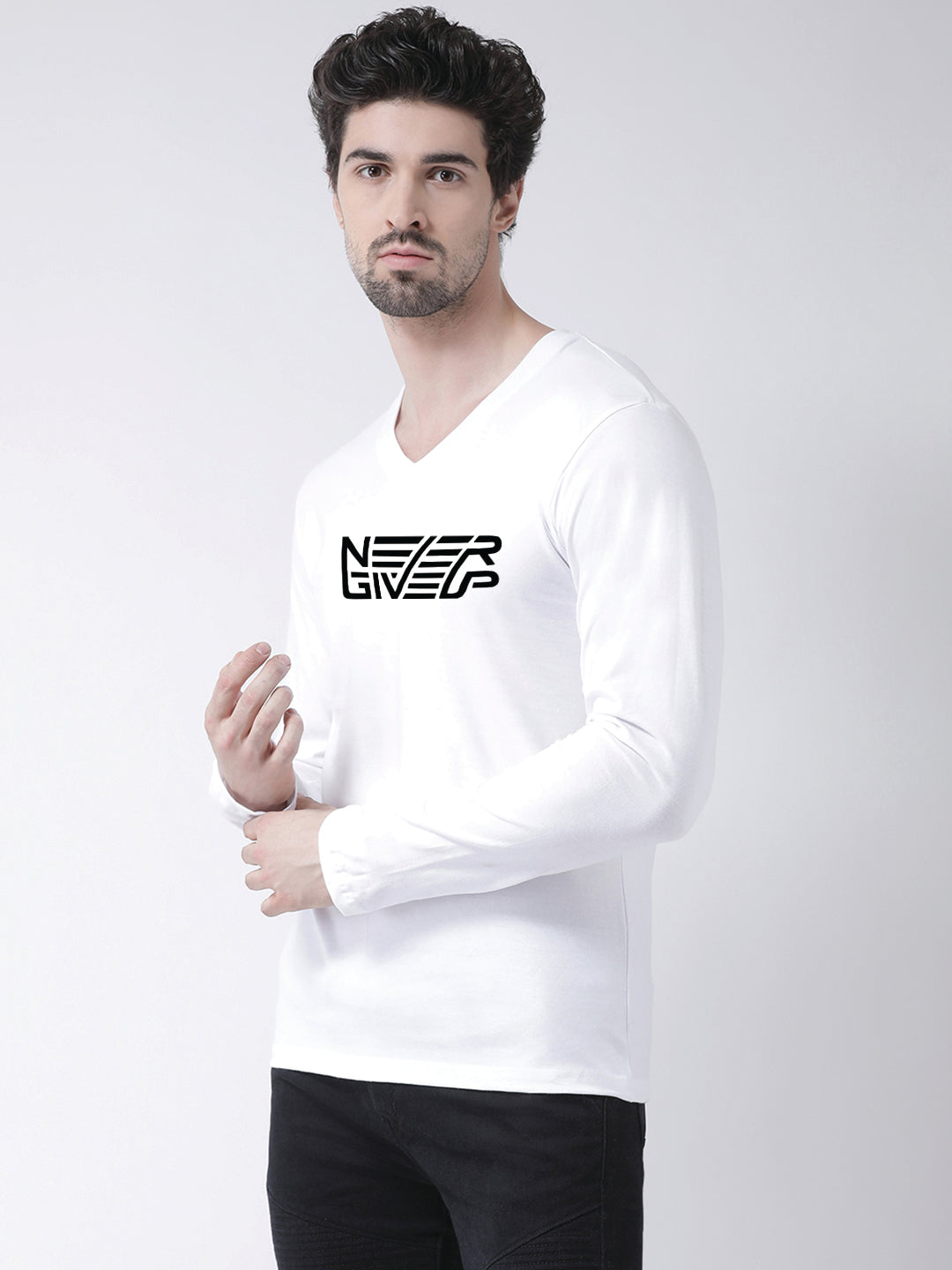 Men's Never Giveup Pure Cotton Regular Fit V Neck T-Shirt - Friskers
