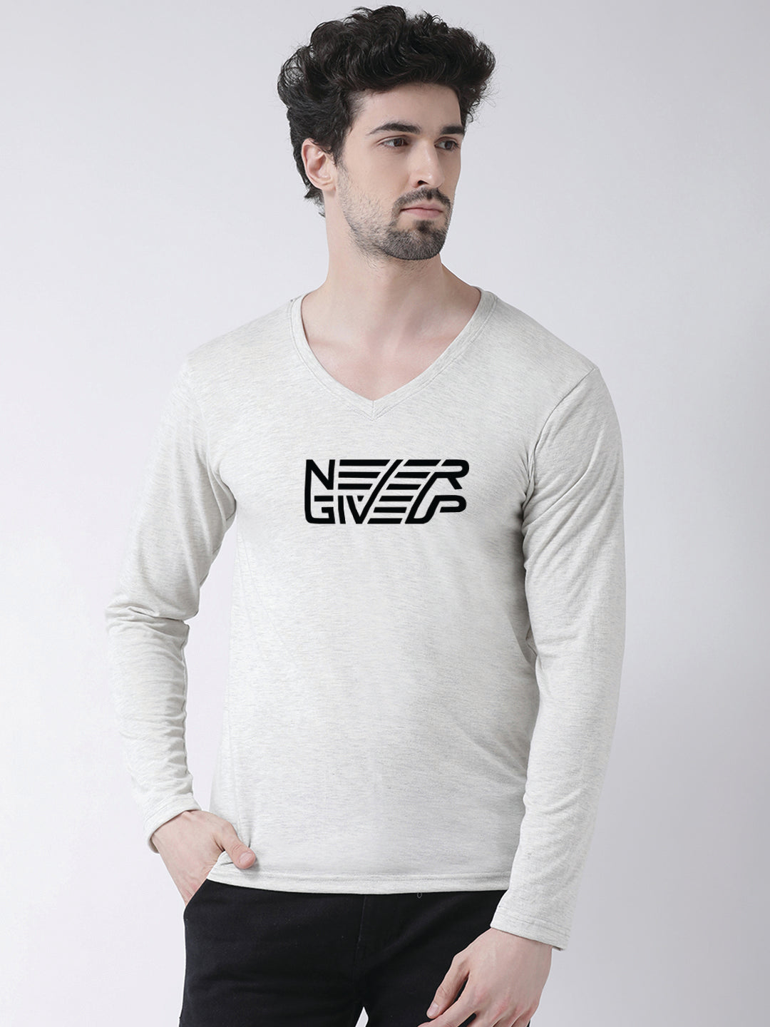 Men's Never Giveup Pure Cotton Regular Fit V Neck T-Shirt - Friskers