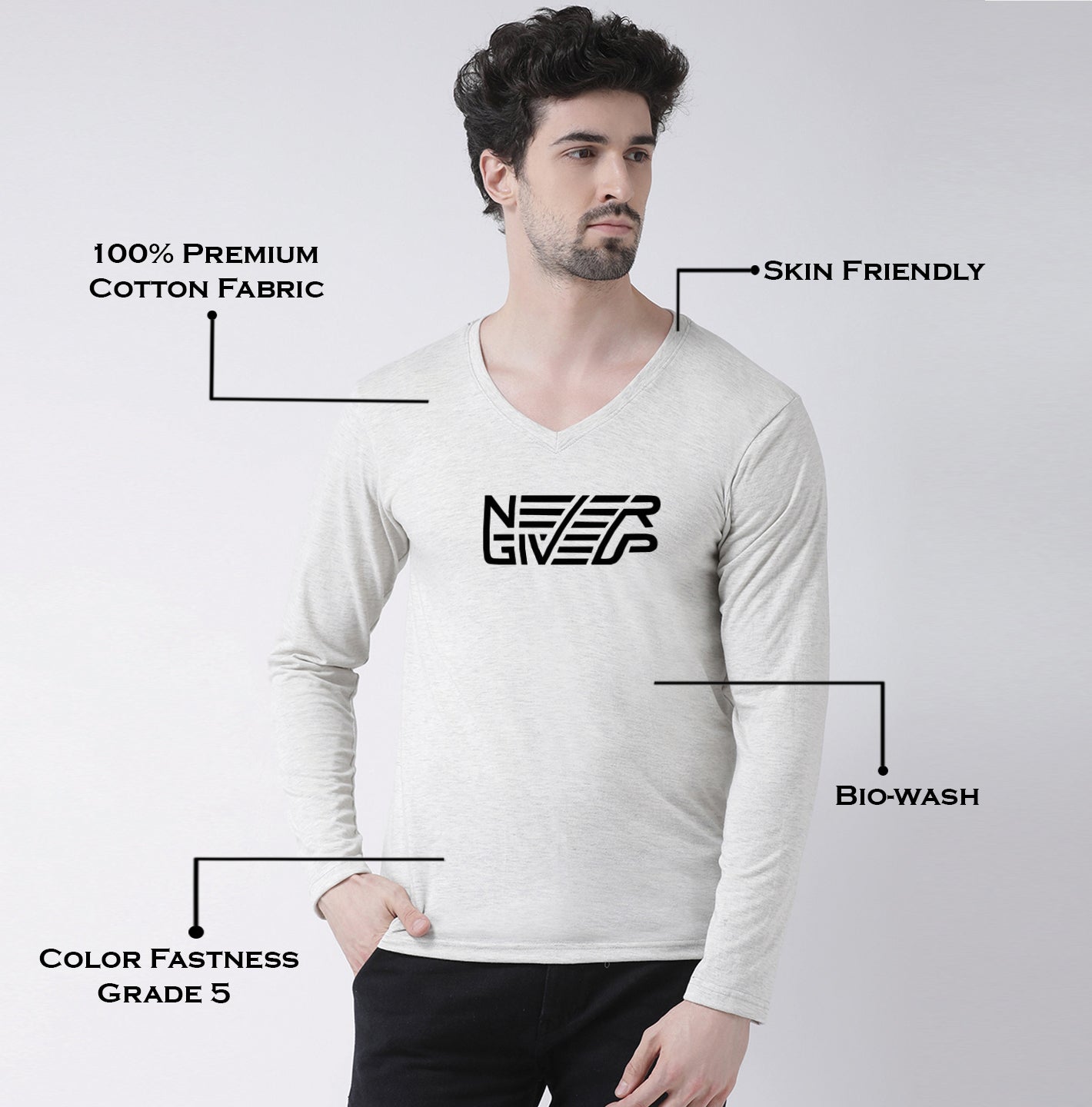 Men's Never Giveup Pure Cotton Regular Fit V Neck T-Shirt - Friskers