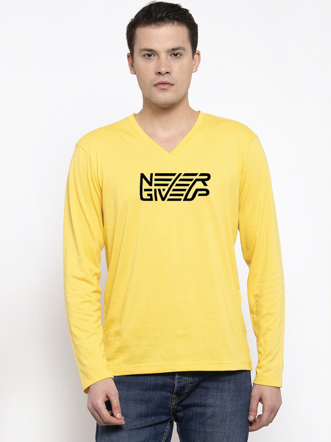 Men's Never Giveup Pure Cotton Regular Fit V Neck T-Shirt - Friskers