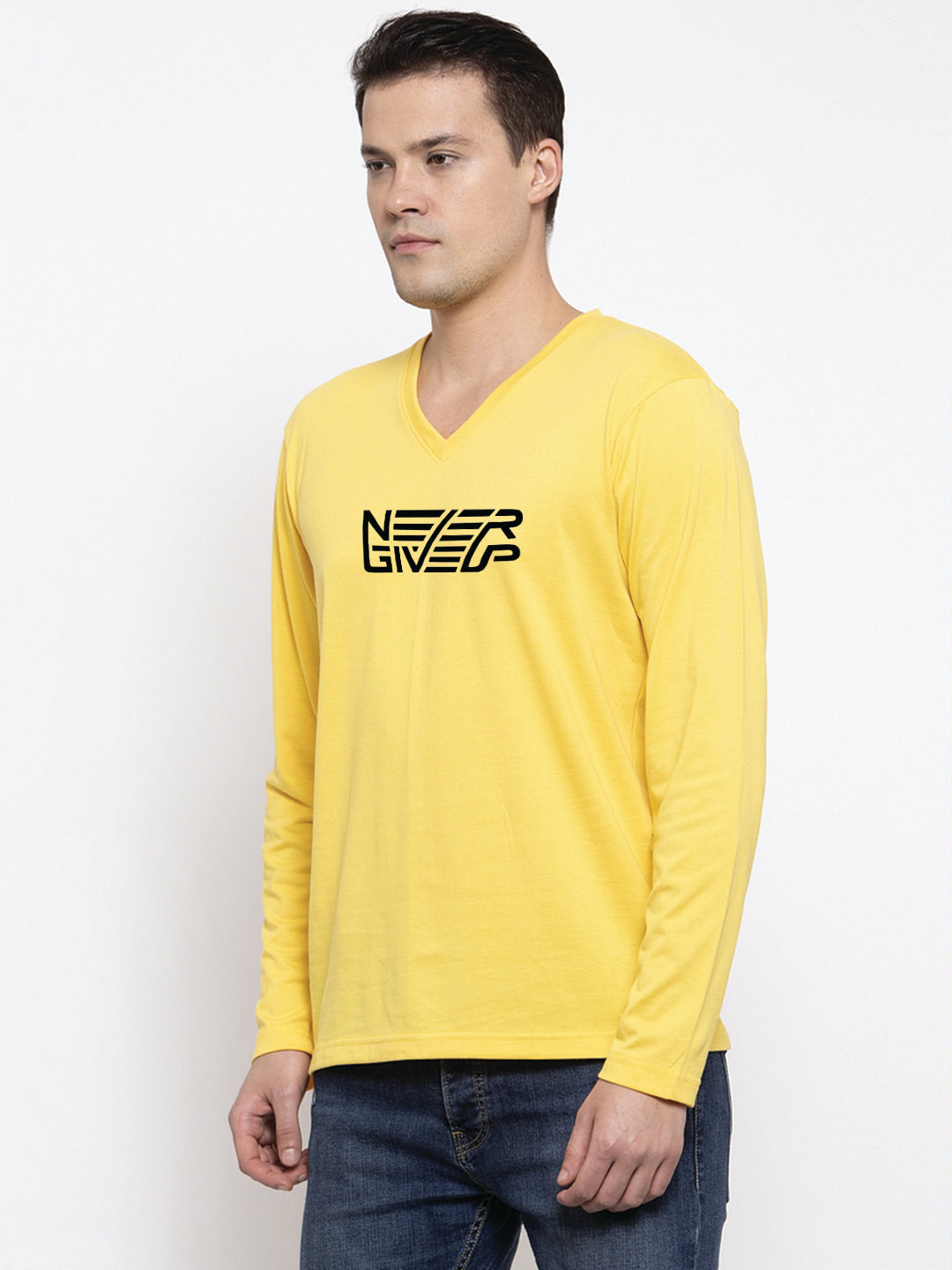 Men's Never Giveup Pure Cotton Regular Fit V Neck T-Shirt - Friskers