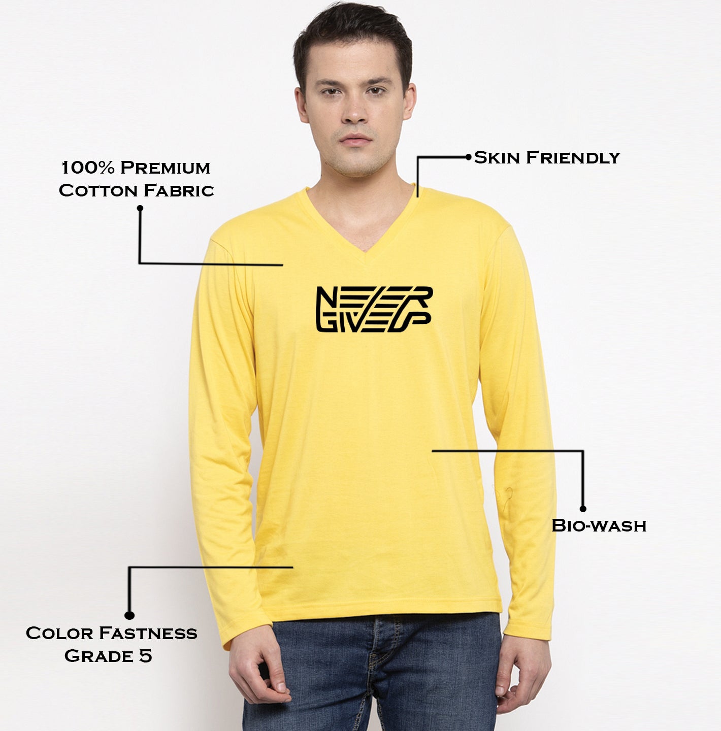 Men's Never Giveup Pure Cotton Regular Fit V Neck T-Shirt - Friskers