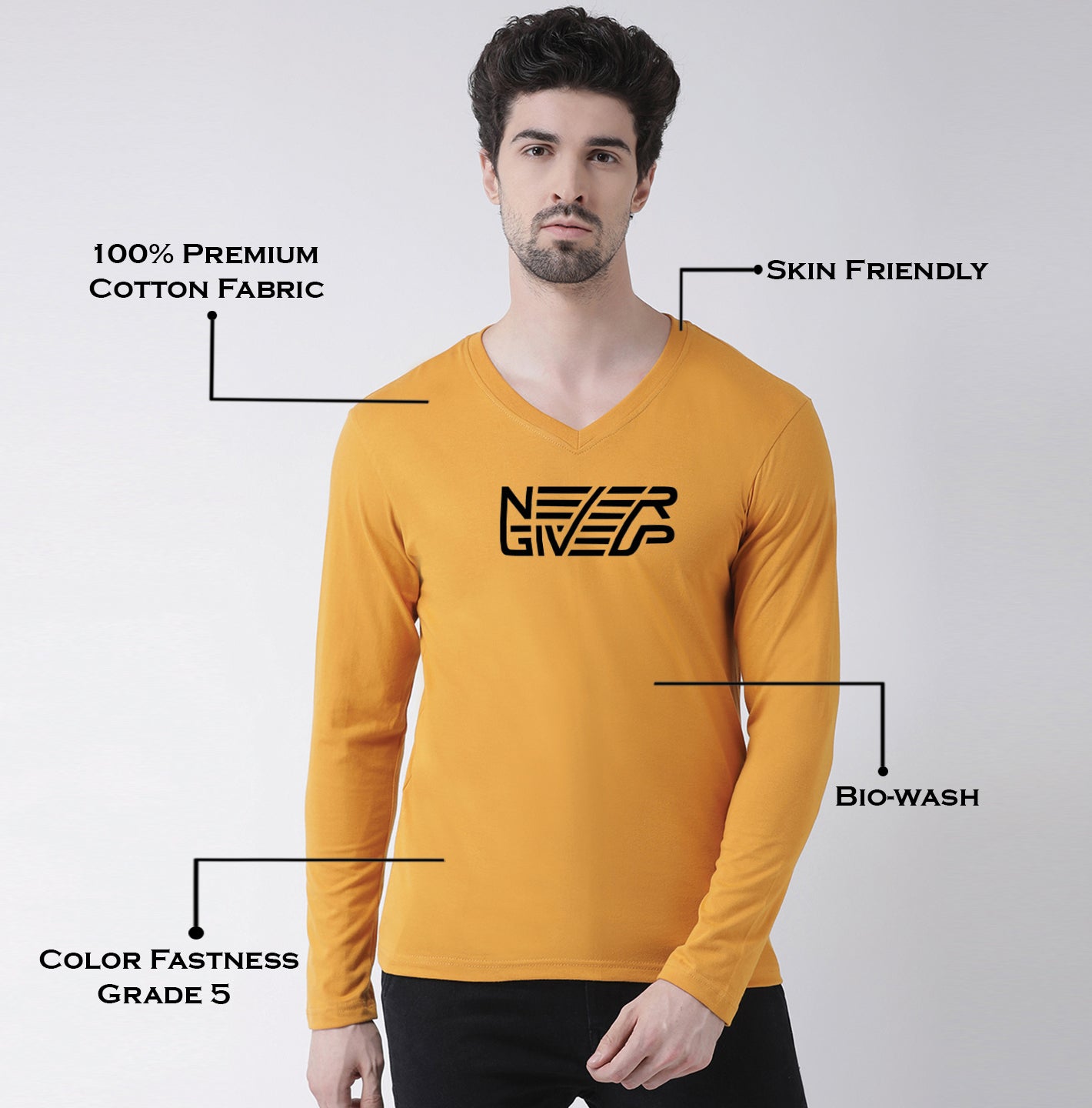 Men's Never Giveup Pure Cotton Regular Fit V Neck T-Shirt - Friskers