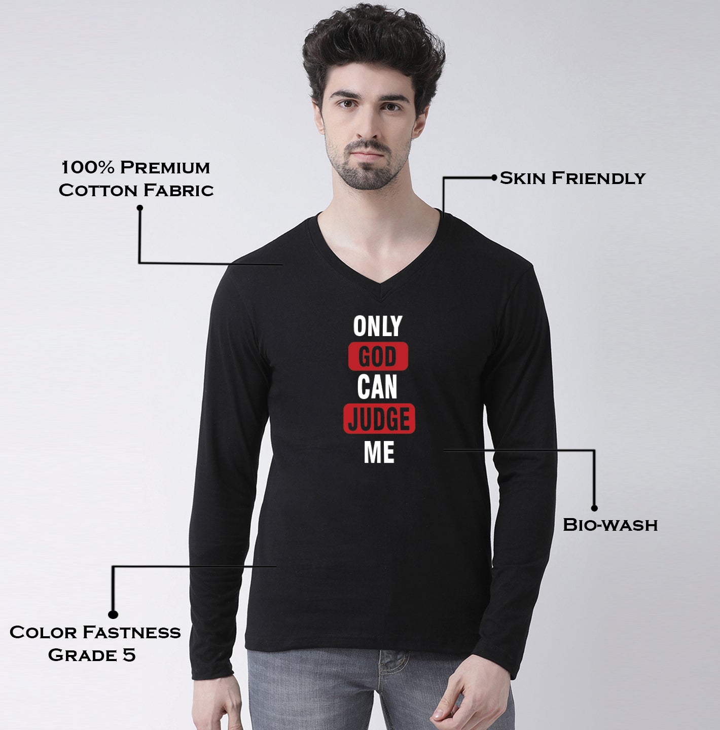 Men's Only God Can Judge Me Cotton Regular Fit V Neck T-Shirt - Friskers