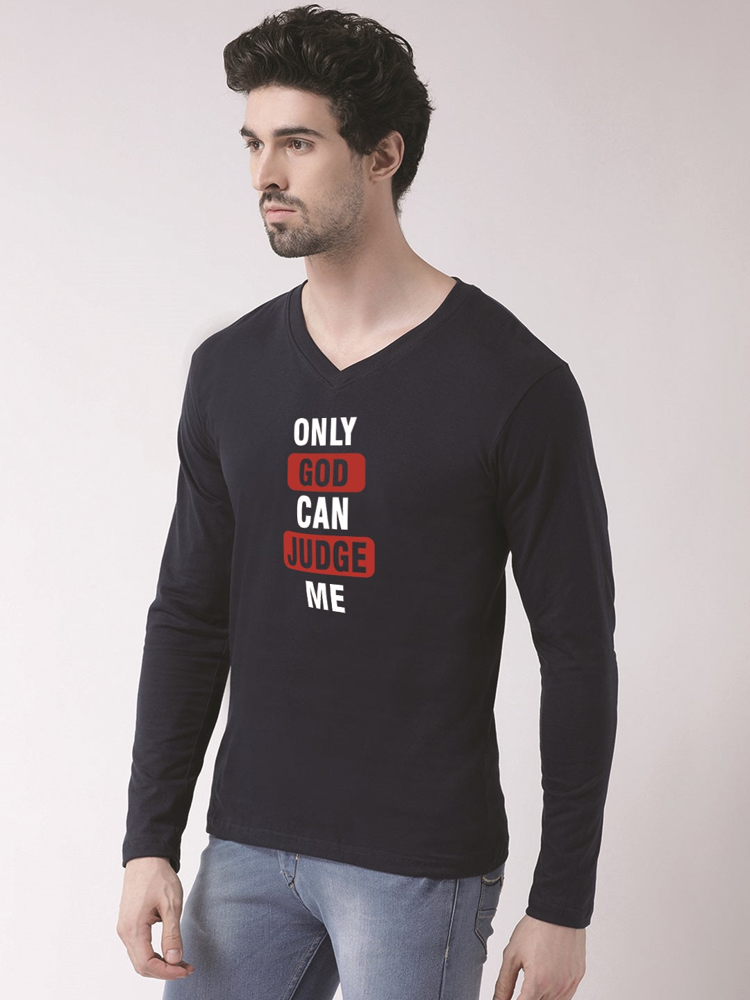 Men's Only God Can Judge Me Cotton Regular Fit V Neck T-Shirt - Friskers