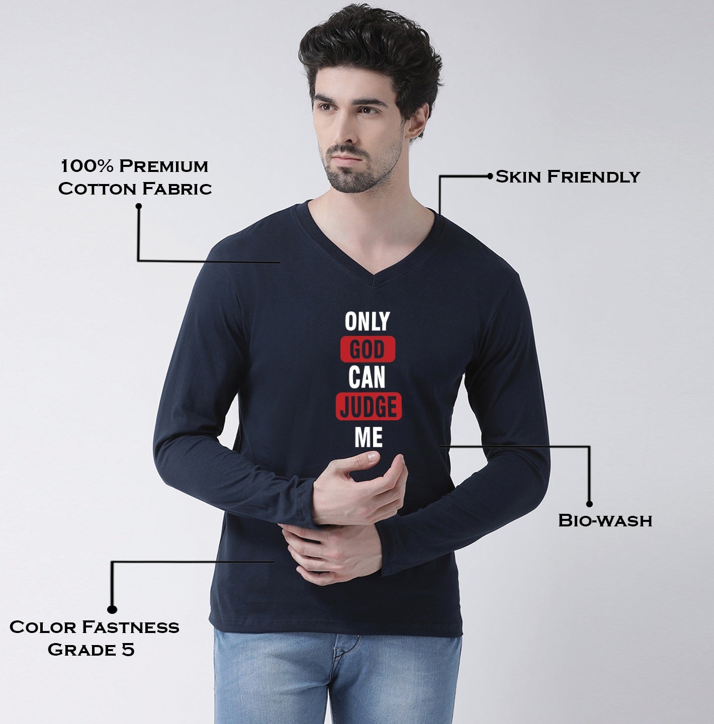 Men's Only God Can Judge Me Cotton Regular Fit V Neck T-Shirt - Friskers