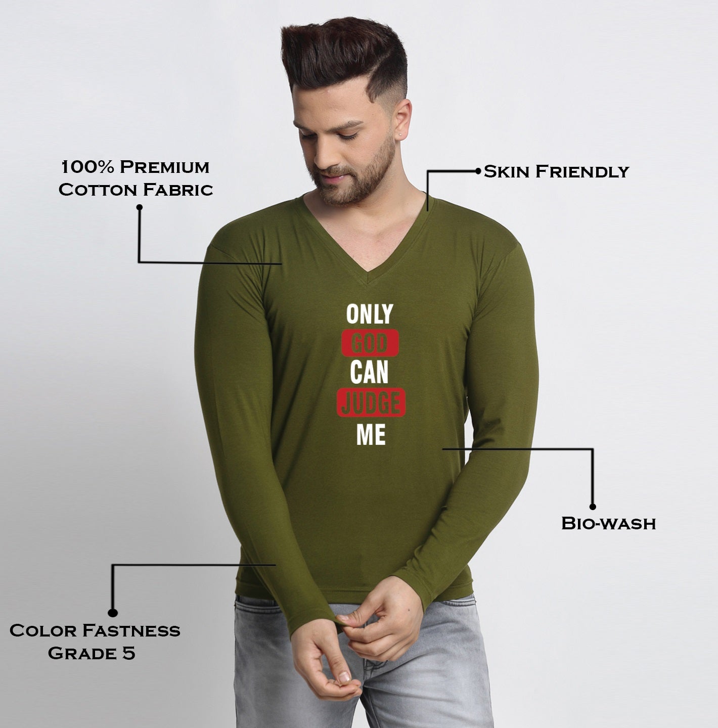 Men's Only God Can Judge Me Cotton Regular Fit V Neck T-Shirt - Friskers