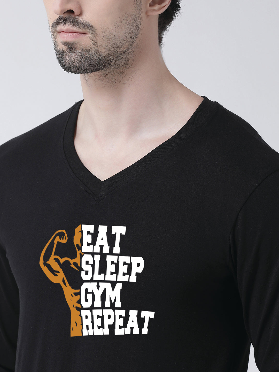 Men's Eat Sleep Gym Repeat Cotton Regular Fit V Neck T-Shirt - Friskers