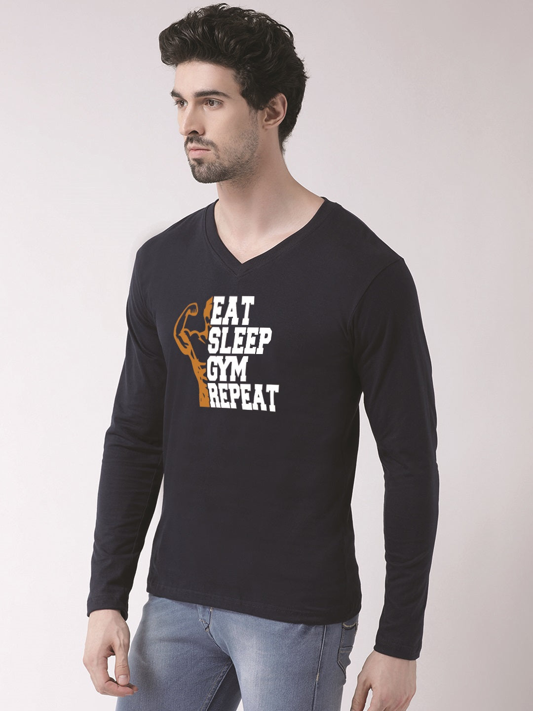 Men's Eat Sleep Gym Repeat Cotton Regular Fit V Neck T-Shirt - Friskers